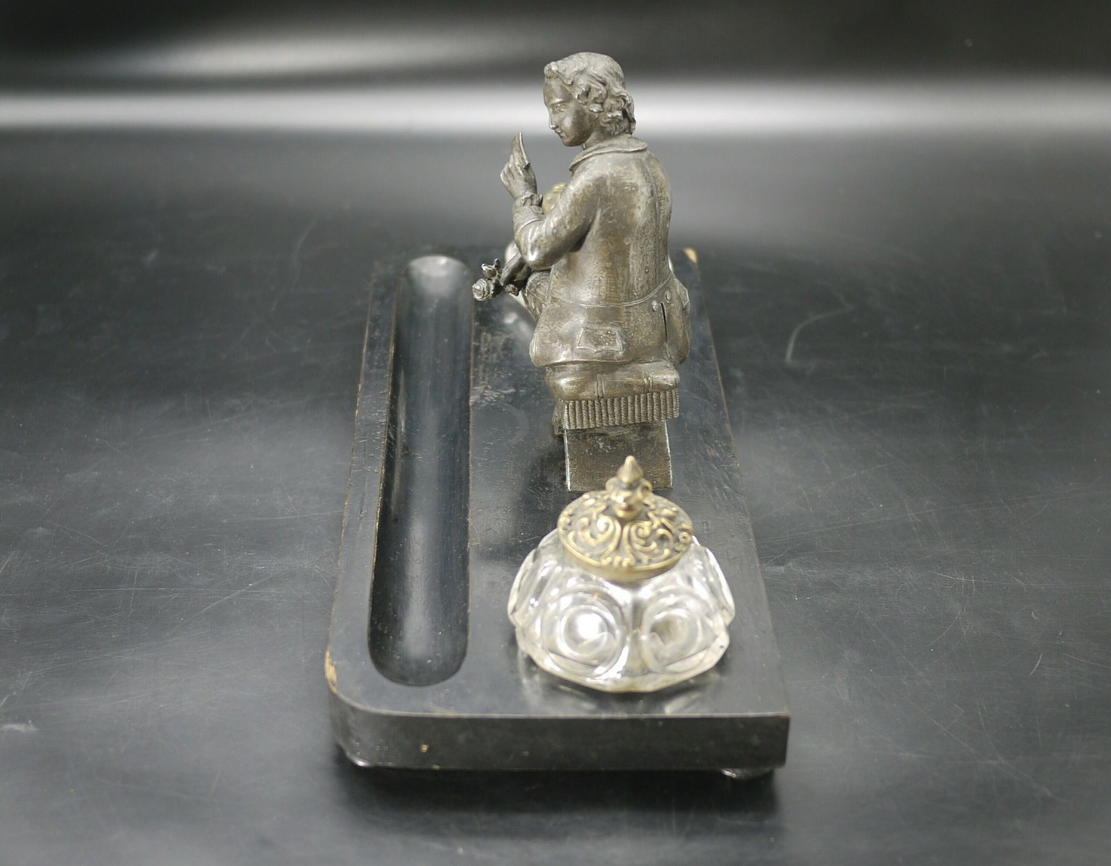 Antique French Double Figural Inkwell On Wood Base photo Home Decor