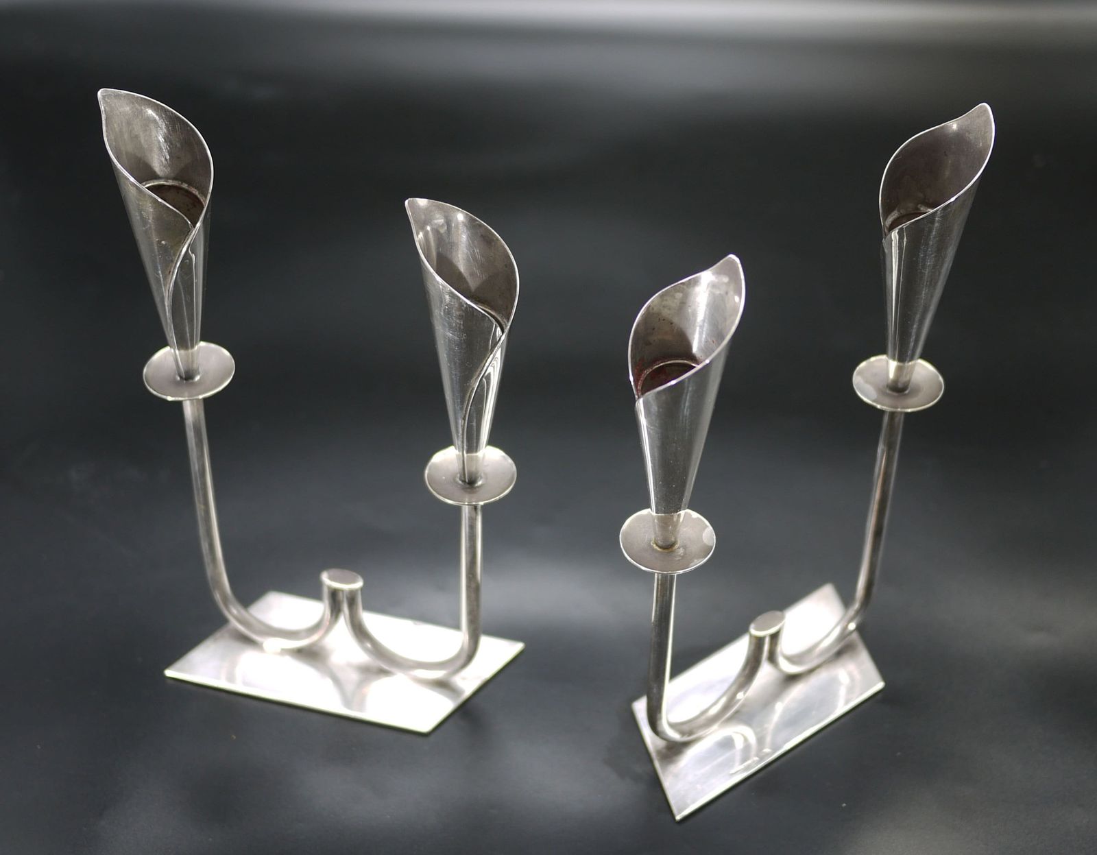 Pair Of Hans Jensen Calla Lily Silver Plated Two Light Candlesticks photo for sale