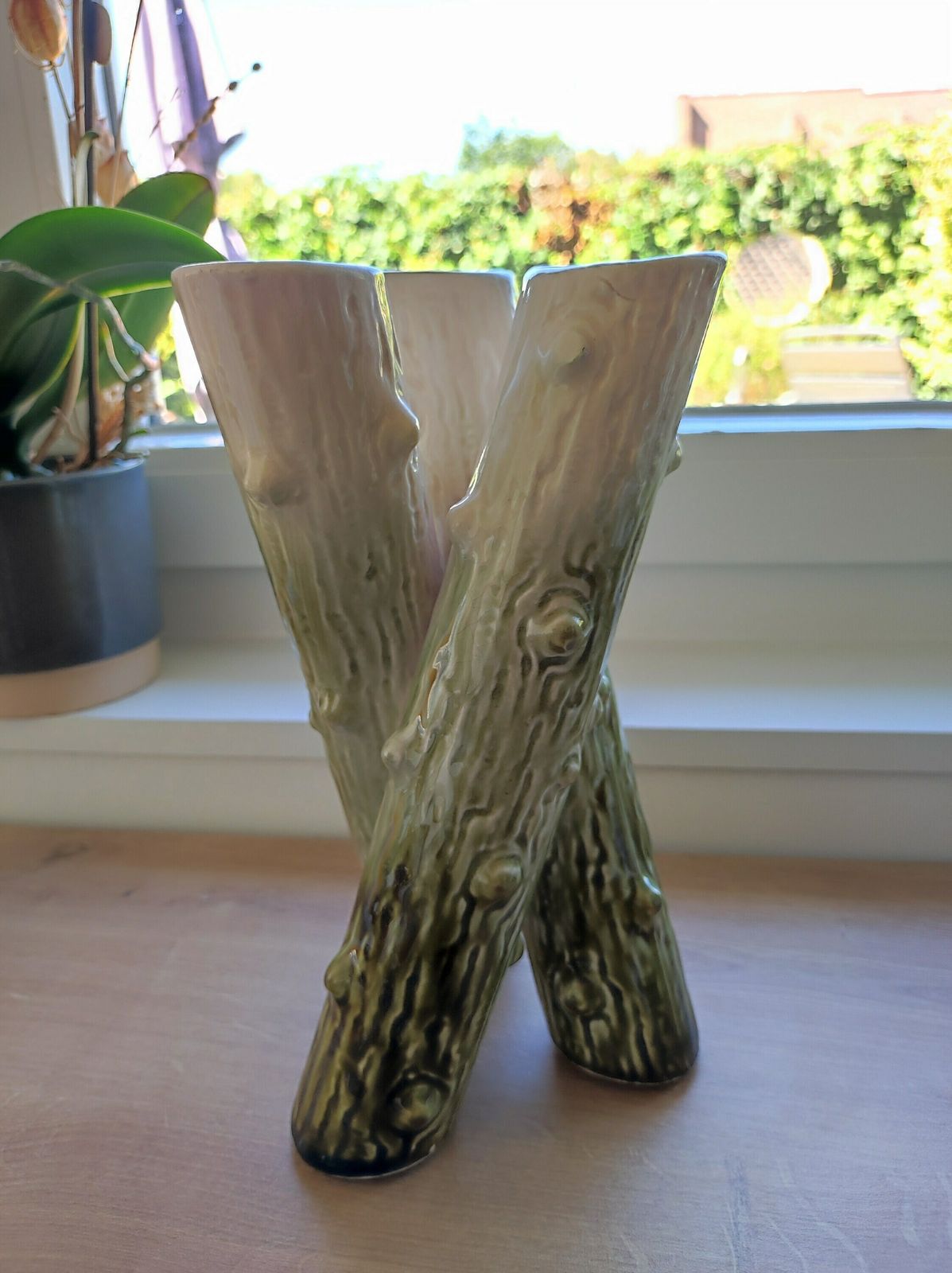photo furniture Antique French Majolica Tree Trunk Bud Vase