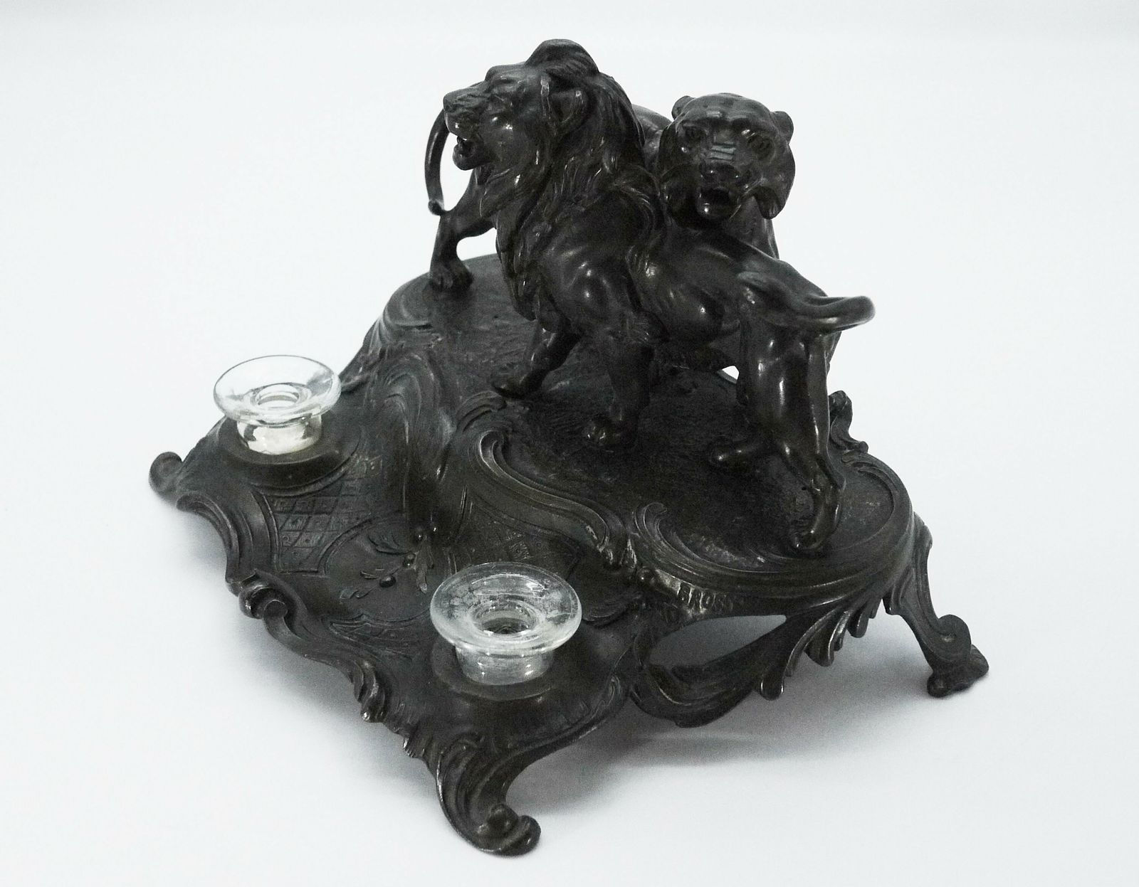 Antique French Spelter Inkstand With Lions, Double Inkwell photo Home Decor
