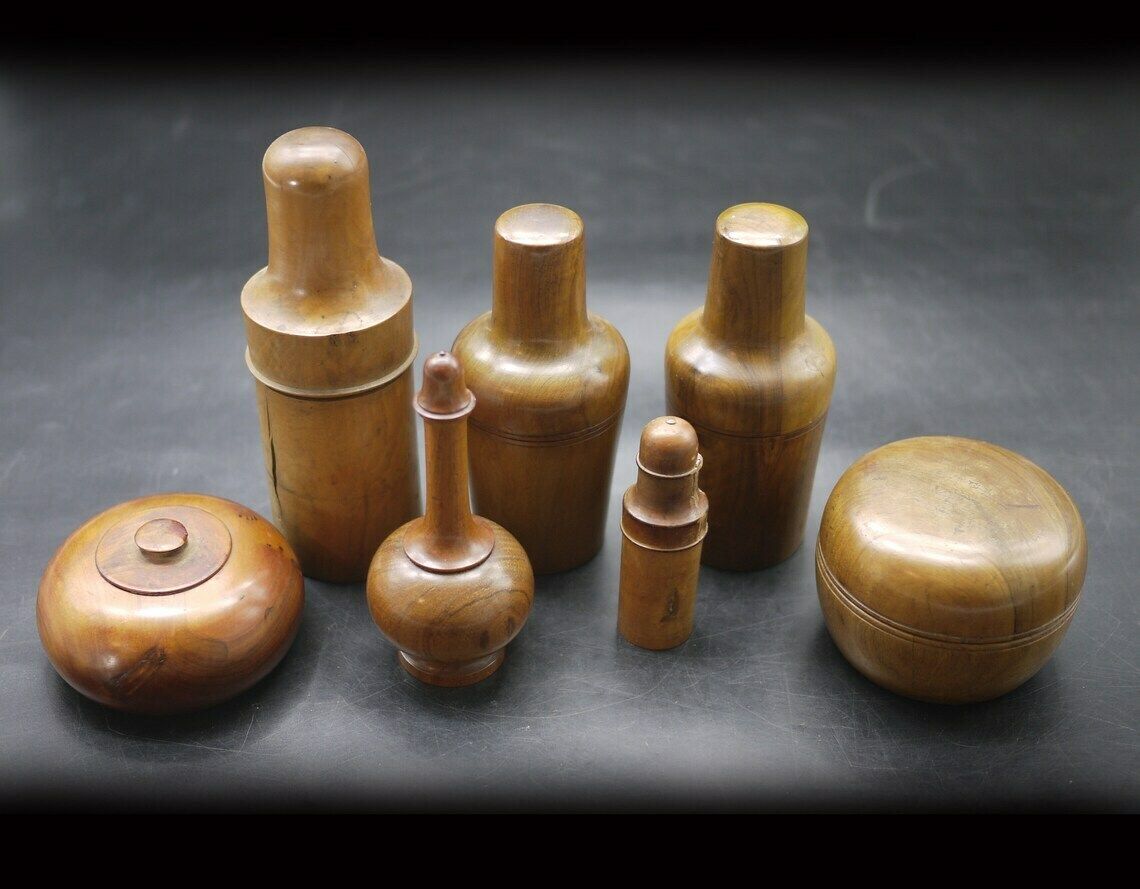 Antique French Medicine Boxwood Treen Containers Bottle Case Set photo for sale