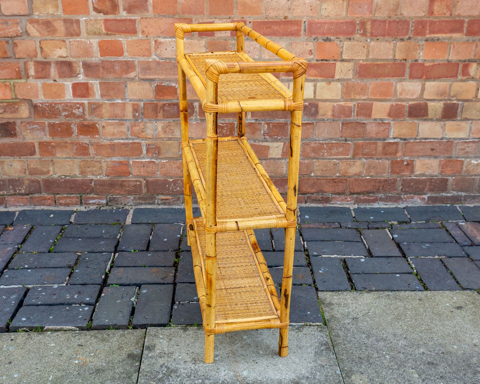 Boho Chic Bamboo Shelves 1970s Mcm Italian Dal Vera Freestanding Bookcase Mid Century Rattan Bohemian Blonde Three Tier Shelving Unit photo buy