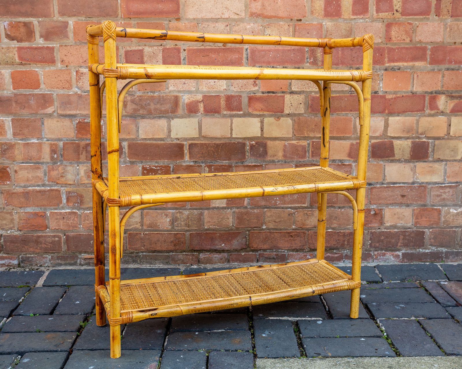 850.0 Boho Chic Bamboo Shelves 1970s Mcm Italian Dal Vera Freestanding Bookcase Mid Century Rattan Bohemian Blonde Three Tier Shelving Unit photo