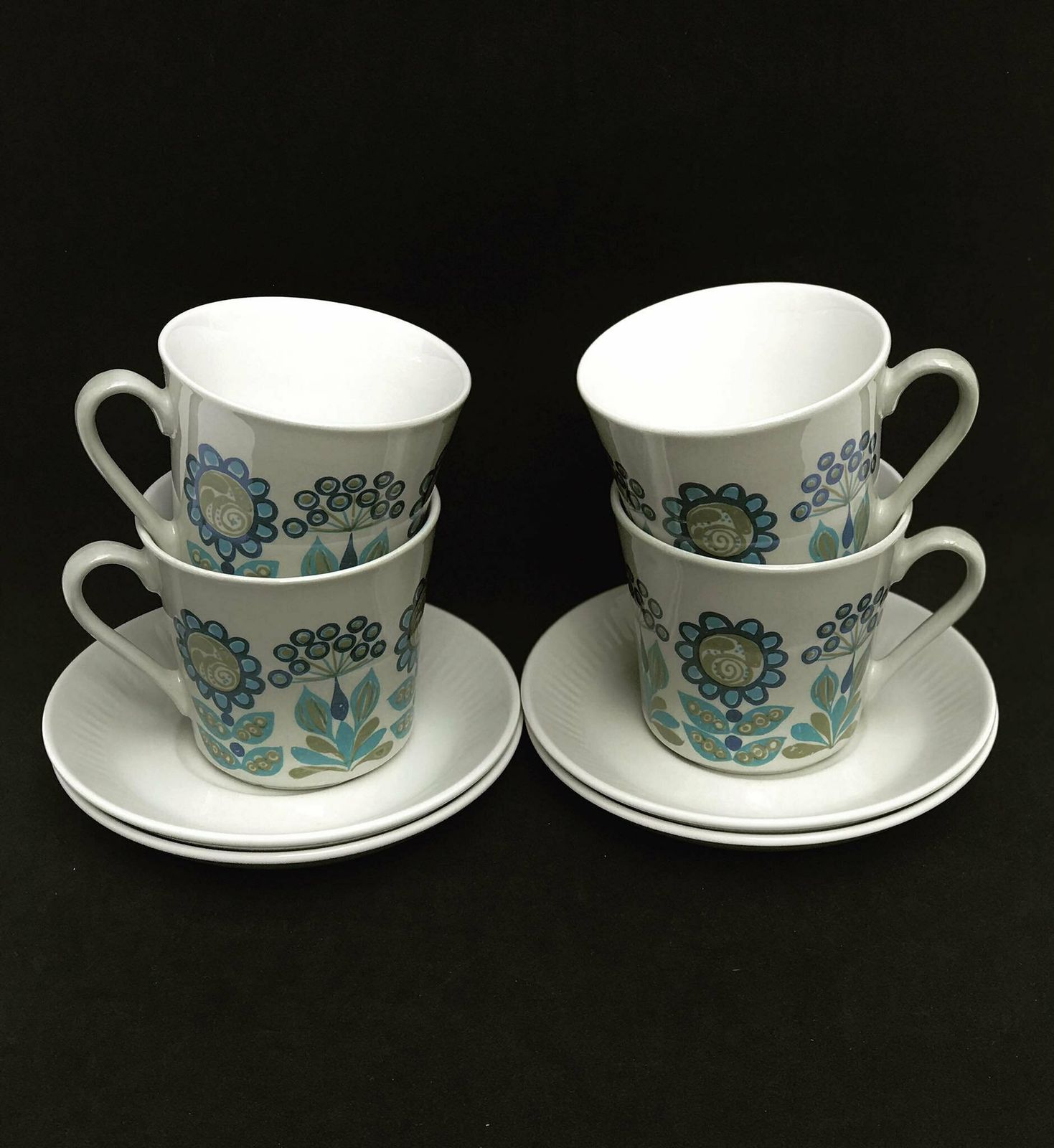Figgjo Flint 4 Coffee Cups And 4 Saucers By Turi Gramstad Oliver, Tor Viking Pattern Tea Creamer Milk Pot Kitchen Norvegian Design Table