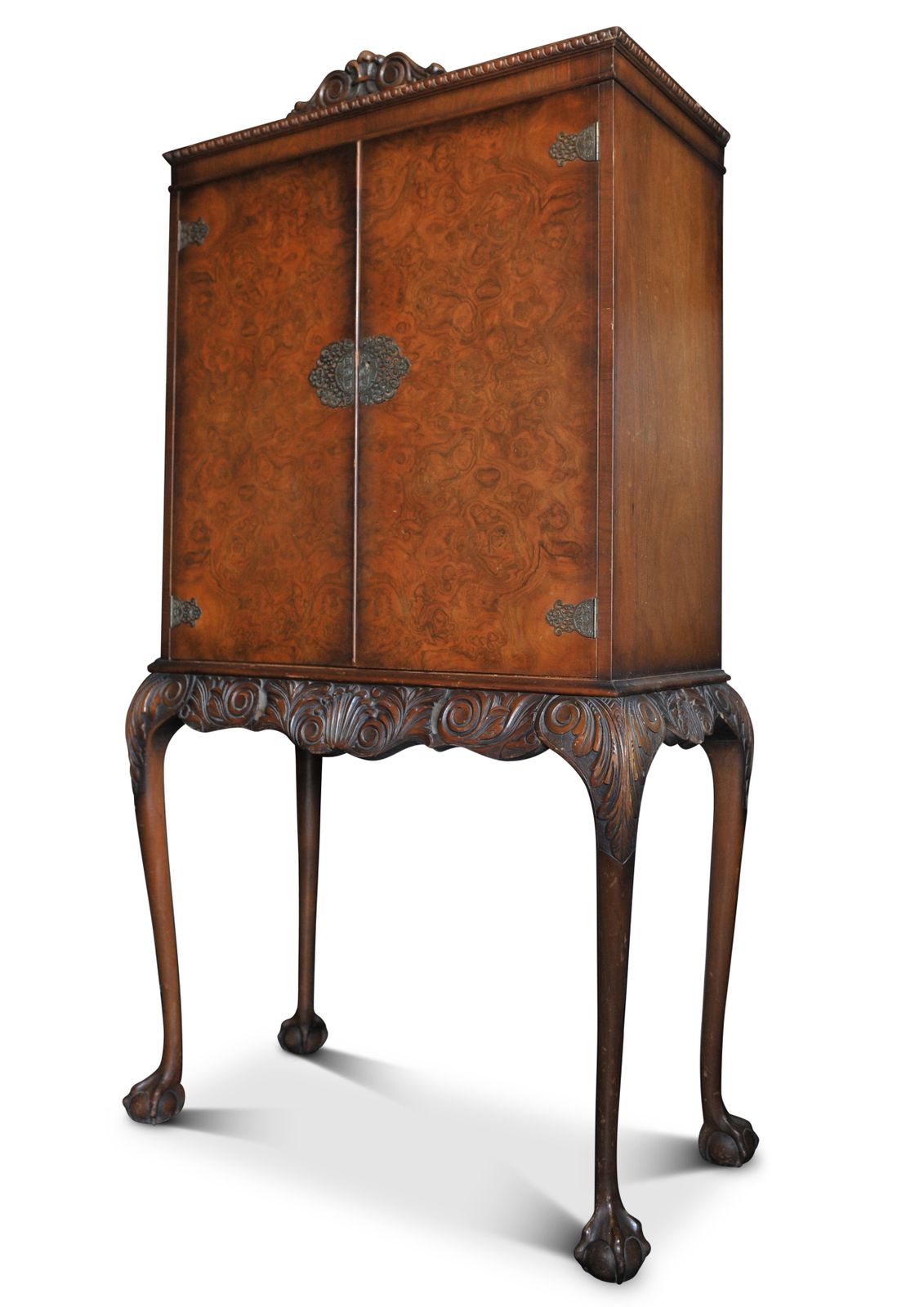 20th Century Queen Anne Revival Walnut Cocktail Cabinet With Fitted Brass Finishings & Carved Pediments Raised & Supported By Cabriole Legs Ol