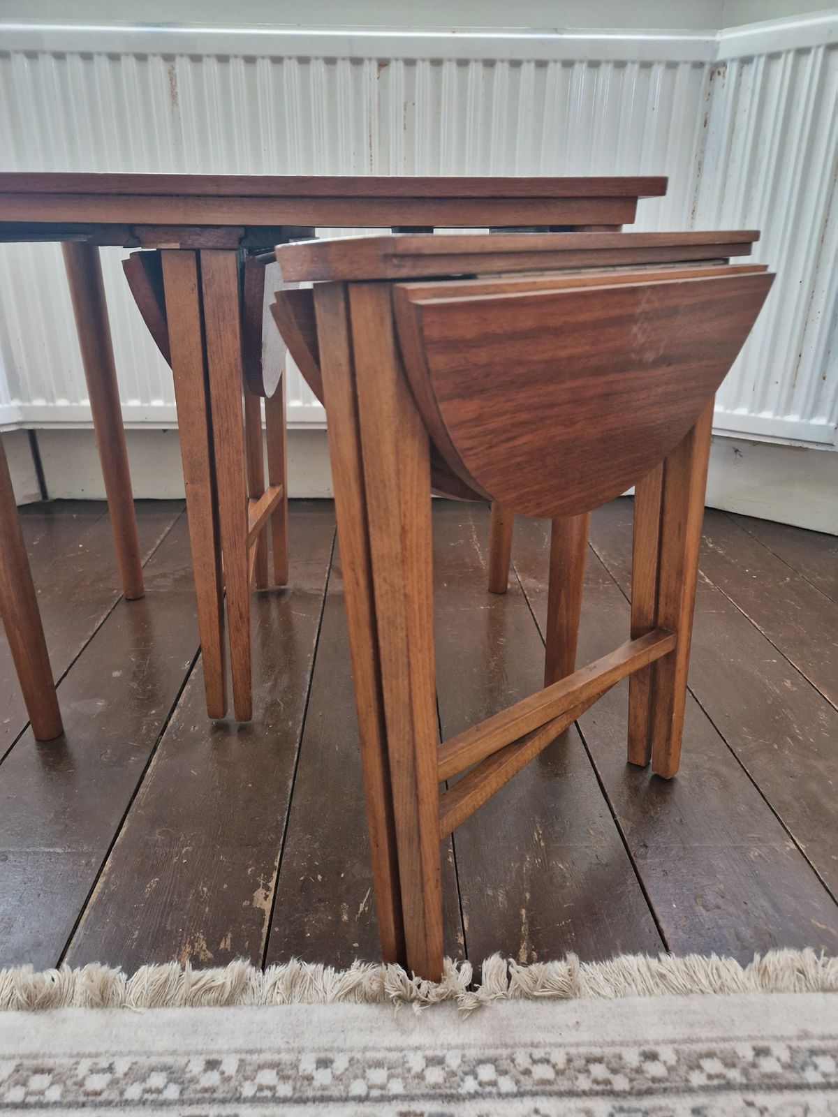 Mid Century Set Of X3 Side Tables, 1 Rectangle & 2 Round Shapes photo vintage