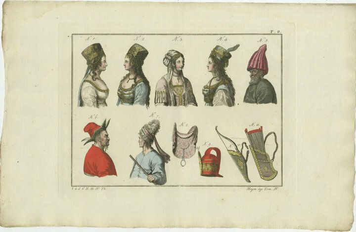 Set Of 3 Antique Prints Of Turkish Costumes And Utensils In The Middle Ages photo for sale