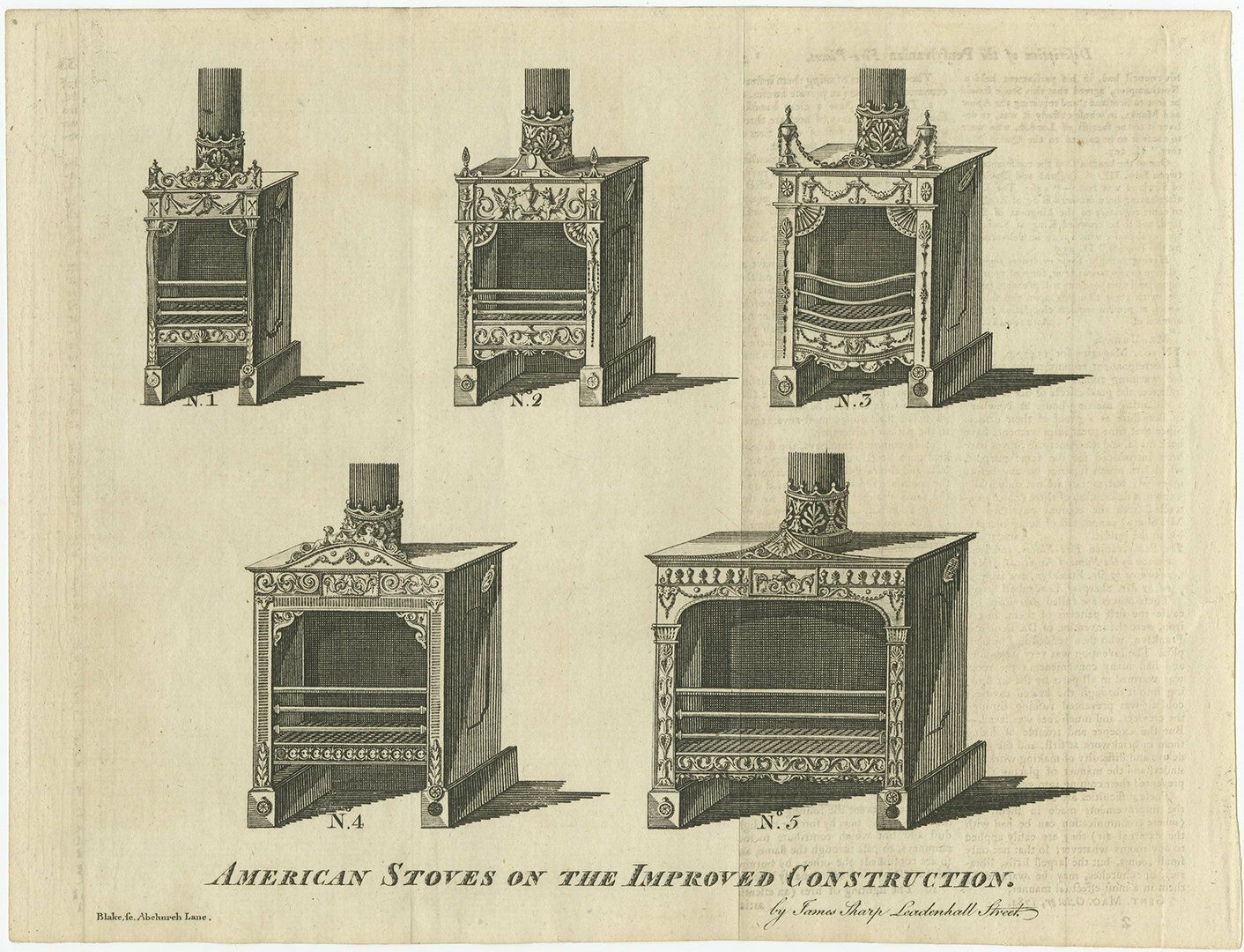 Antique Print Of American Stoves Published In The Gentleman's Magazine