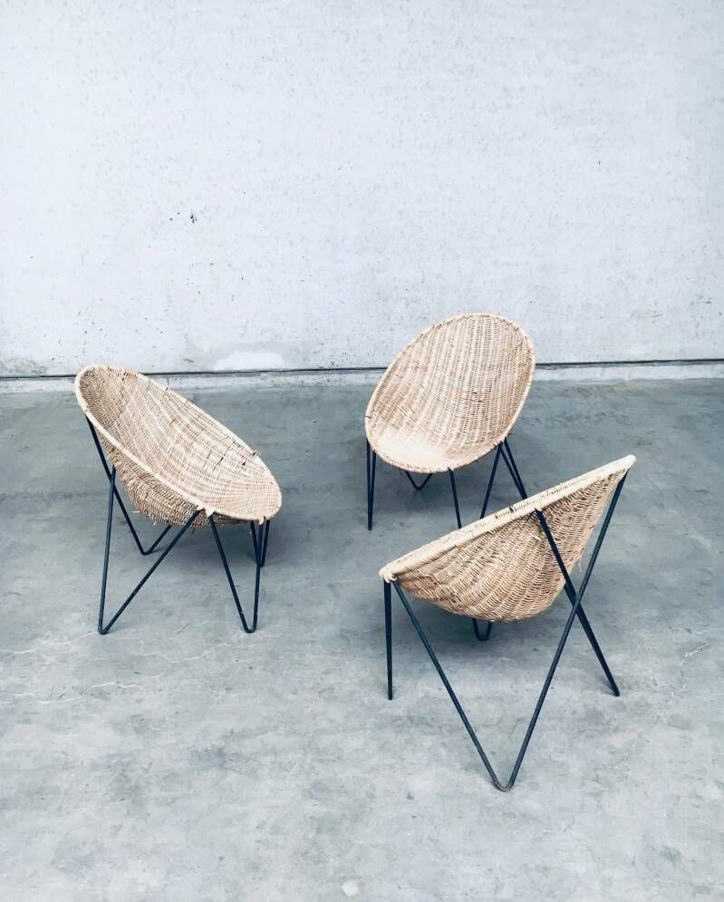 Midcentury Modern Design Egg Basket Wicker Chair Set, Italy 1950's photo vinterior