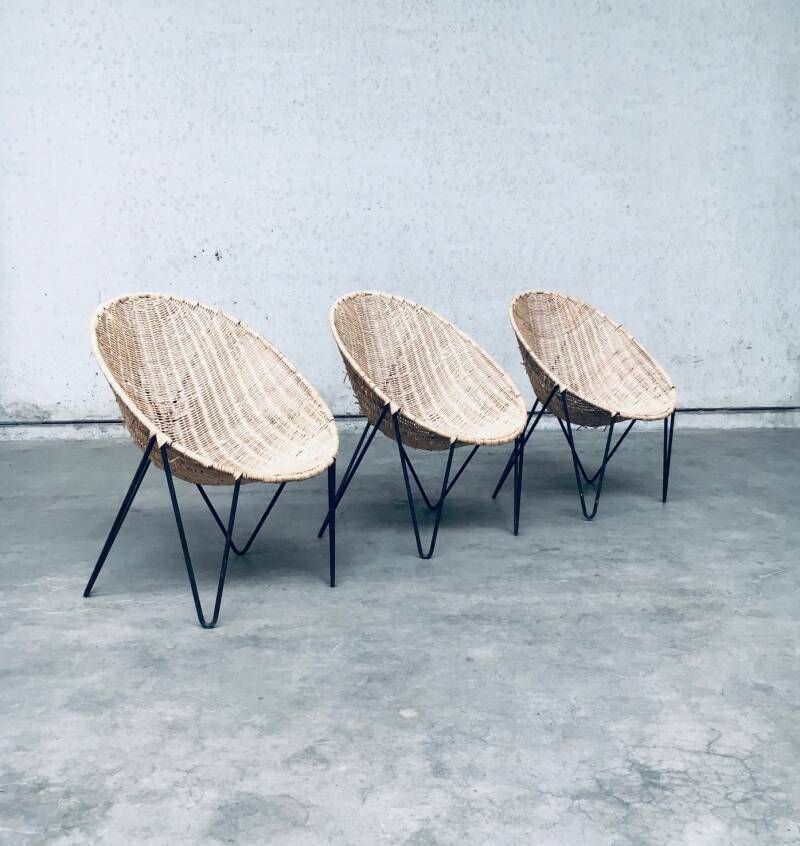 Midcentury Modern Design Egg Basket Wicker Chair Set, Italy 1950's photo buy