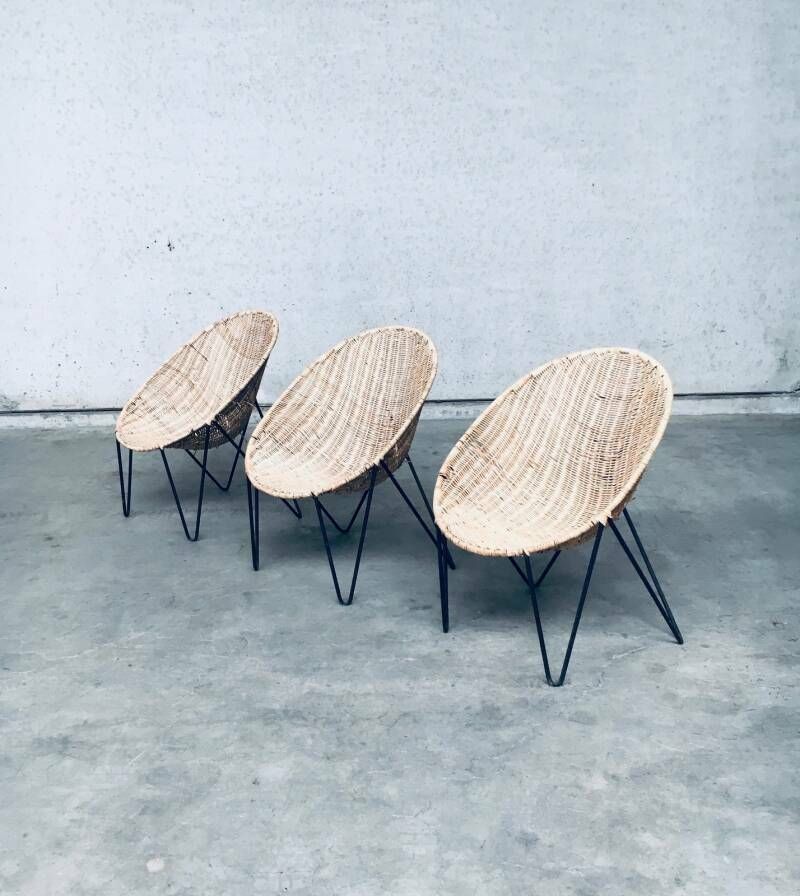 photo vinterior Midcentury Modern Design Egg Basket Wicker Chair Set, Italy 1950's