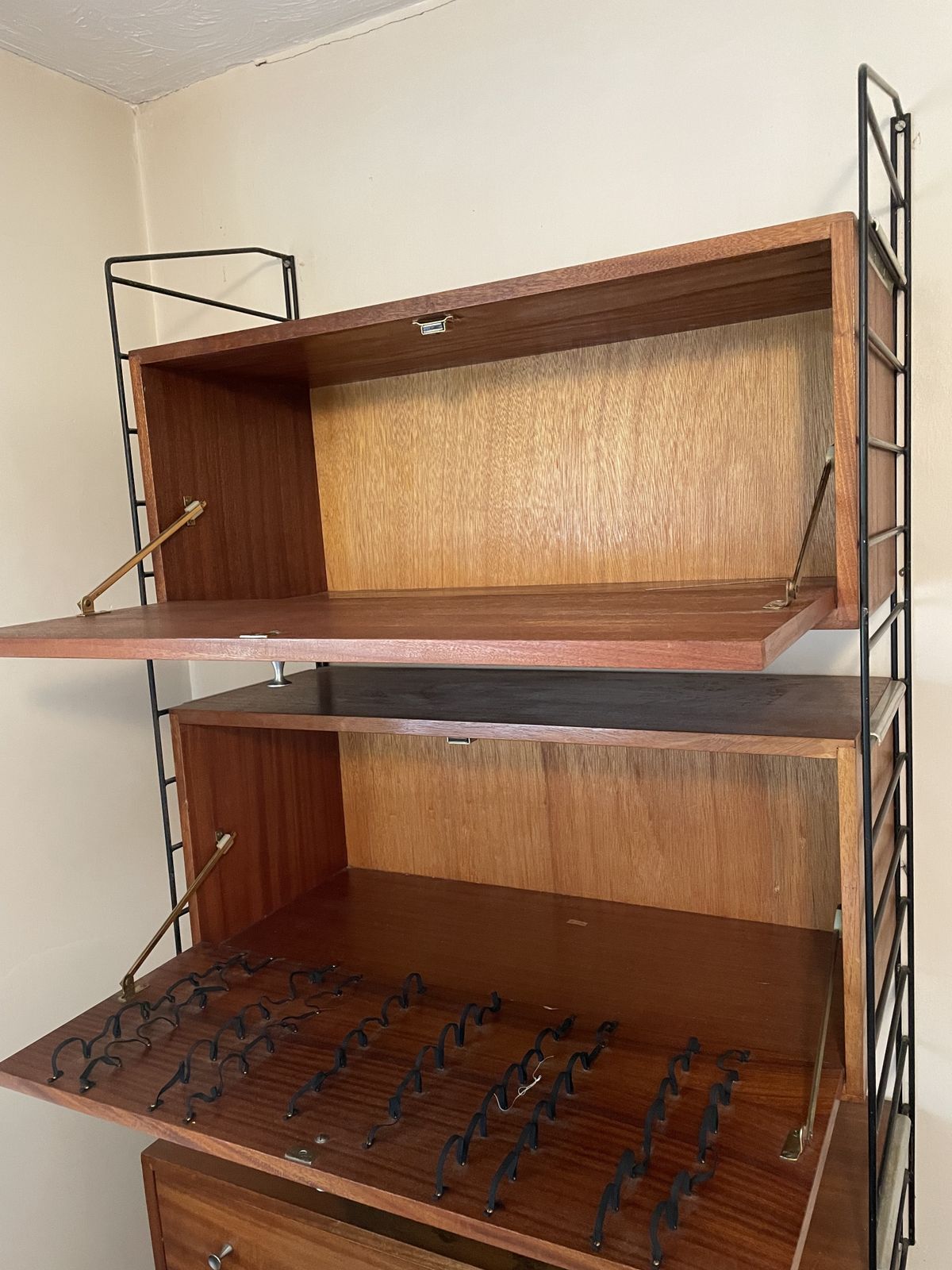 Retro Ladderax, 1960 1970s. 3 Systems And Shelves / Cabinets. Two Are Wall Mounted, One Is Floor Standing. One Stain.