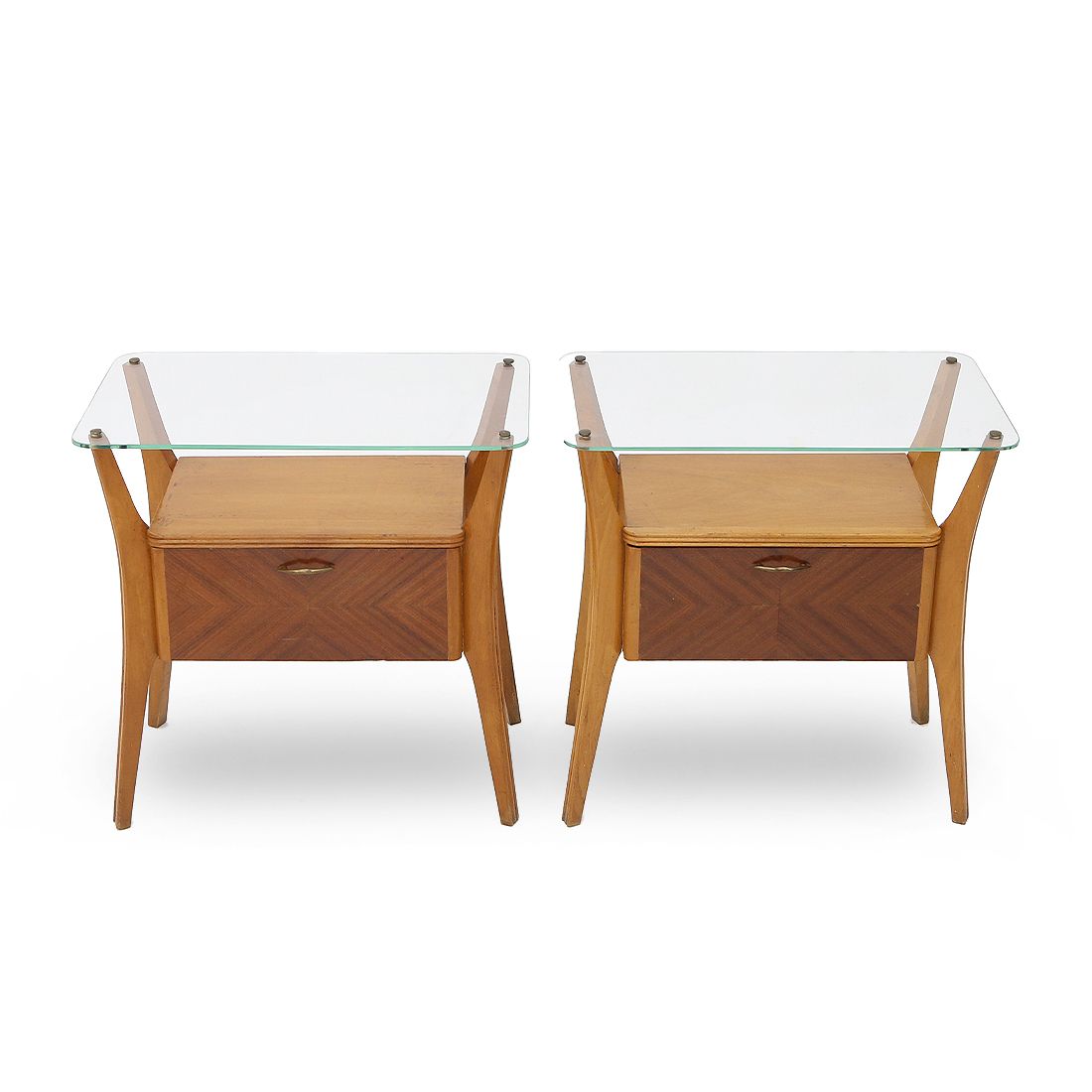 Pair Of Wooden Bedside Tables With Glass Top, 1950s photo for sale