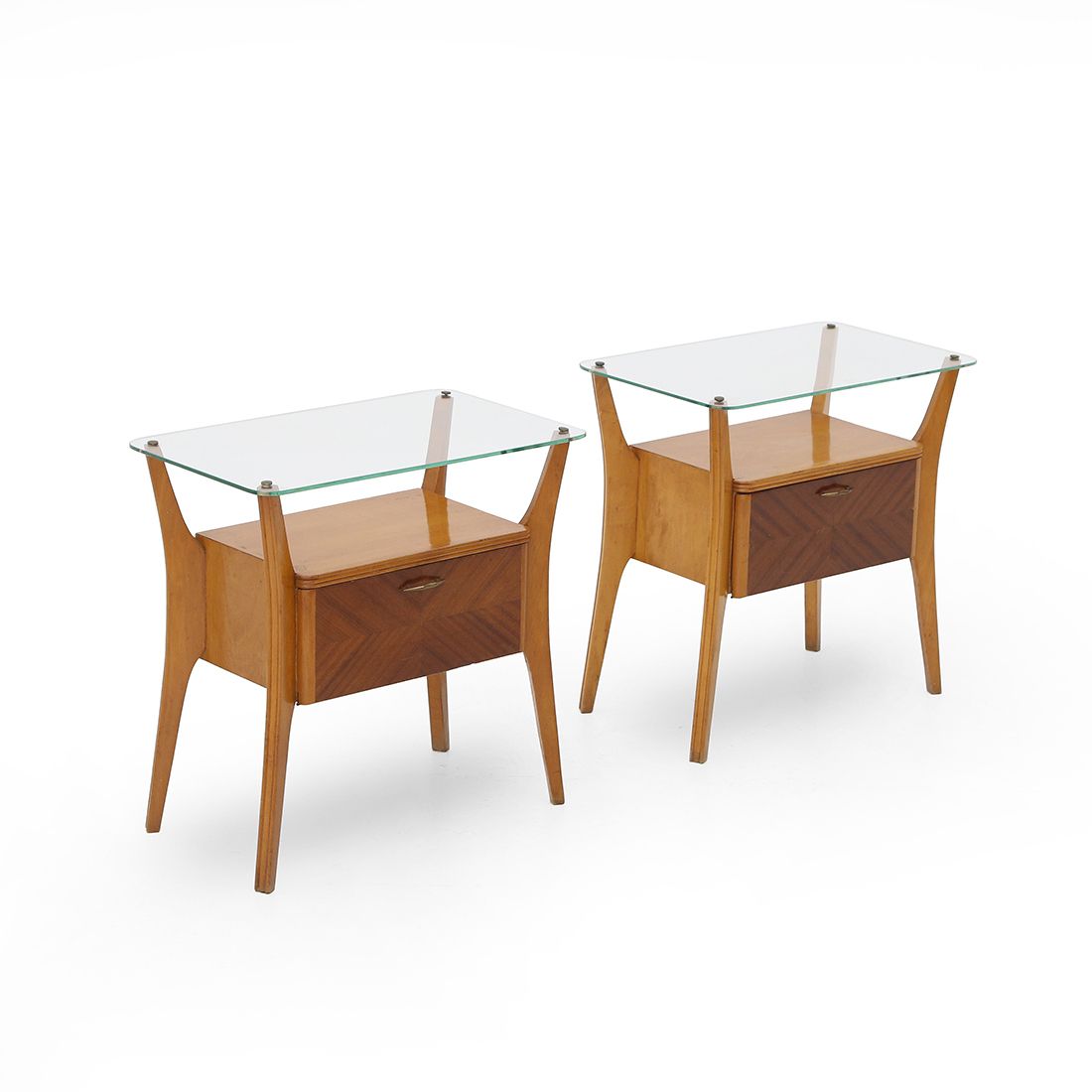 Pair Of Wooden Bedside Tables With Glass Top, 1950s