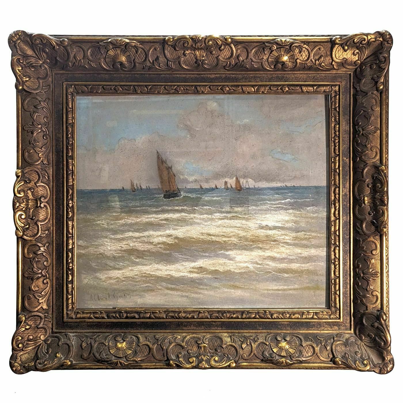 Pastel Drawing Marine Illustrations With Sailboats Late 19th Century
