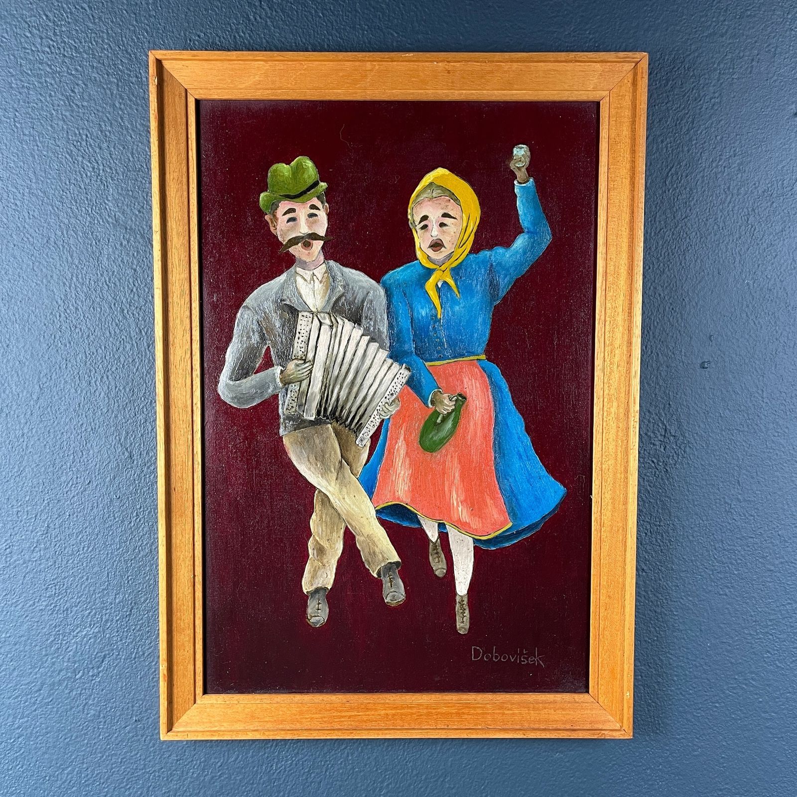 Diptych Paintings In The Style Of Naive Art, Oil, Hardboard, Oto Dobovišek, Yugoslavia 1970s Set Of 2 Folk Art photo vintage
