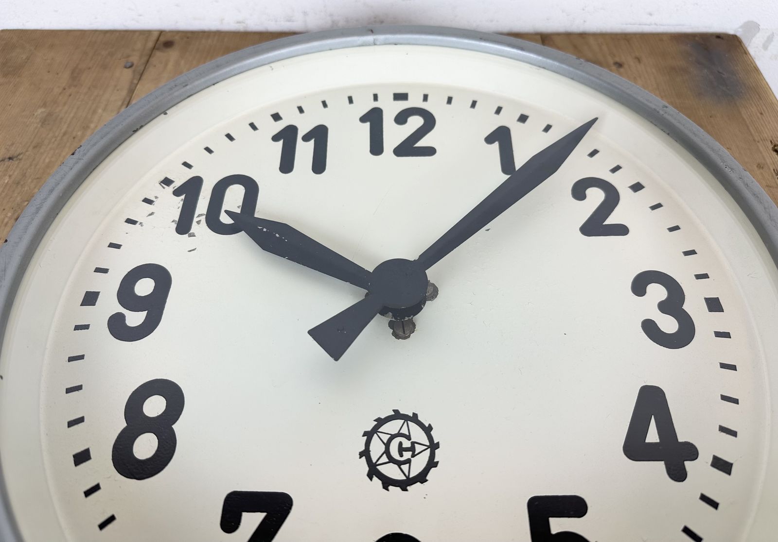 Grey Industrial Factory Wall Clock From Chronotechna, 1950s photo for sale