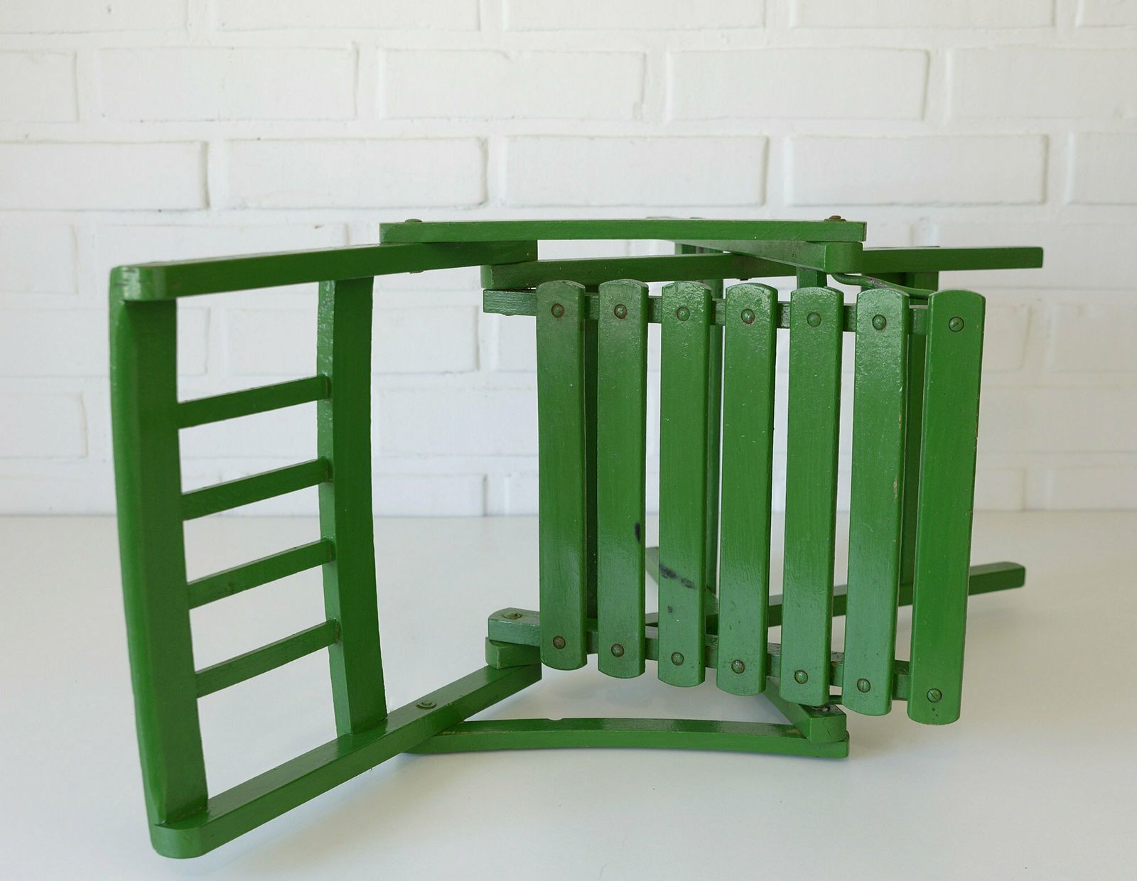 Vintage Wooden Decor / Plant Stand / Rustic Folding Chair / Handmade Furniture / Green Shabby Chic / Small Kids Chair / Yugoslavia 1960's photo Furniture