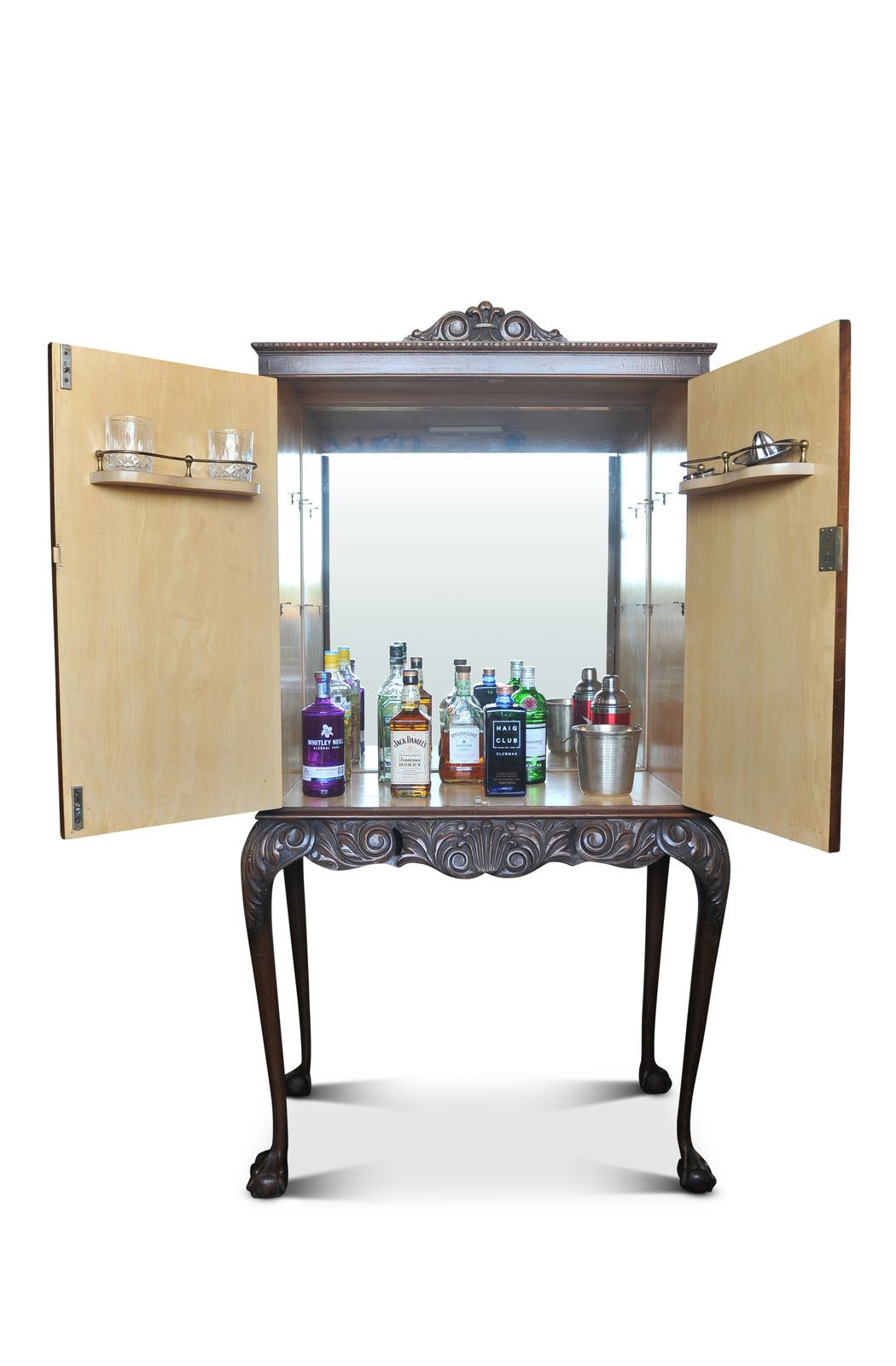 20th Century Queen Anne Revival Walnut Cocktail Cabinet With Fitted Brass Finishings & Carved Pediments Raised & Supported By Cabriole Legs Ol photo 1800.0