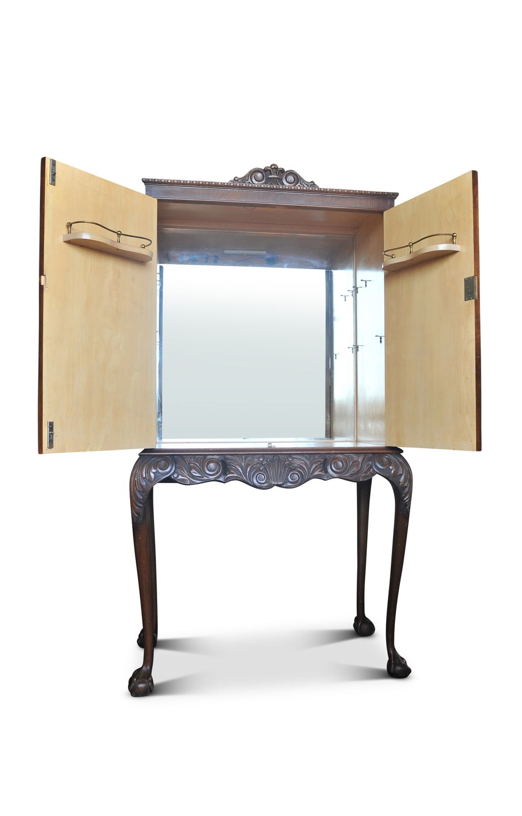 20th Century Queen Anne Revival Walnut Cocktail Cabinet With Fitted Brass Finishings & Carved Pediments Raised & Supported By Cabriole Legs Ol photo vinterior