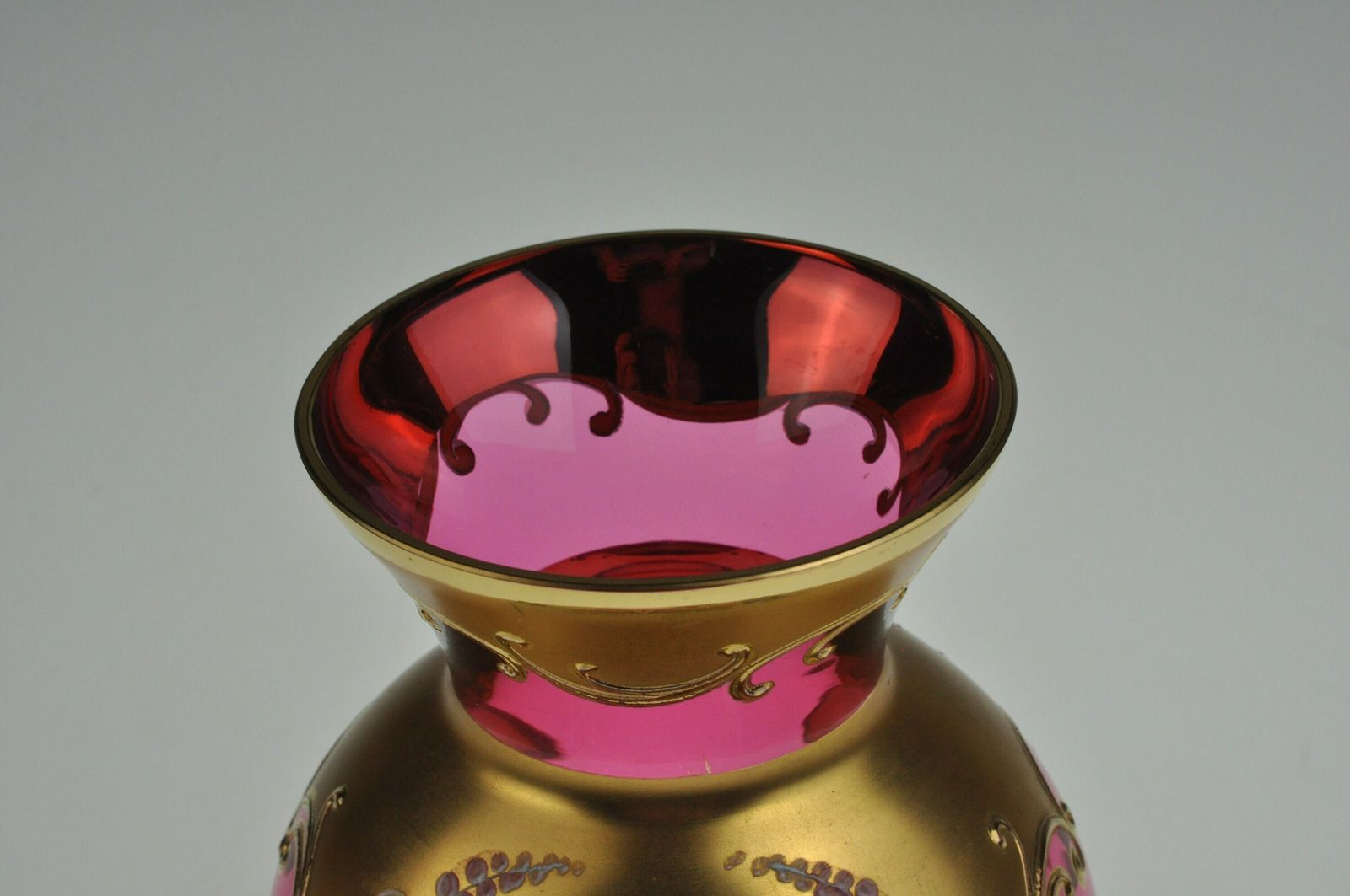 24k Gold Enamel Glass Vase, Glass Vase, Czech Glass, Art Glass, Vintage Glass, Hand Made, Enamel Vase, Red Vase, Czech Glass Vase photo vintage