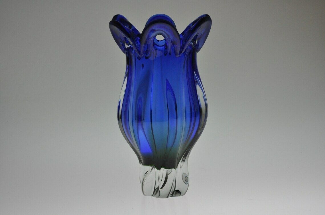 Josef Hospodka Chribska Glazen Vaas – Grote Vaas – Blauwe Vaas – Tsjechische Vaas – Tsjechisch Glas – Antieke Vaas – Vintage Vaas – Retro Vaas – Bloemenvaas photo 132.0