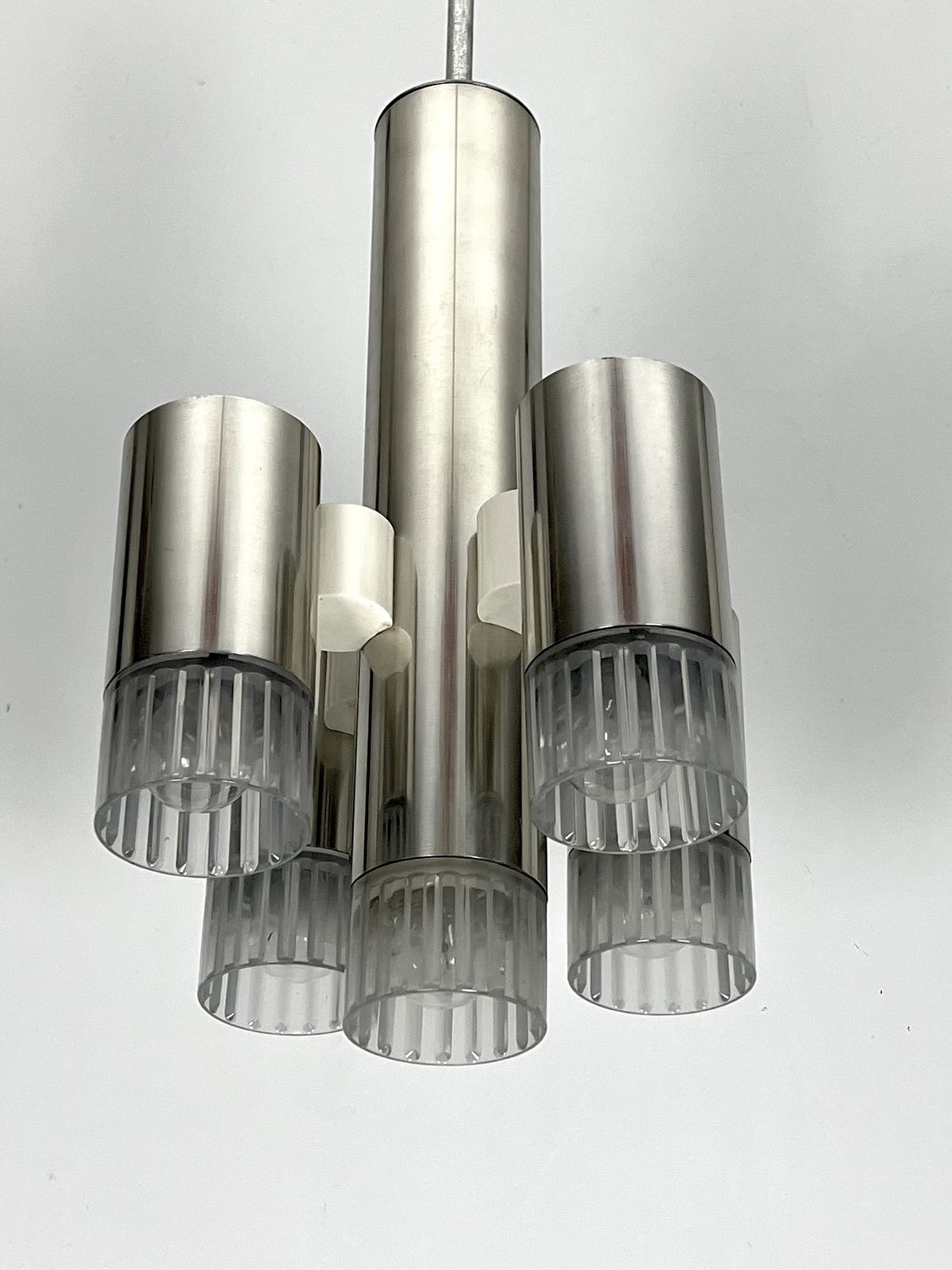 Sciolari Geometric Chrome And Plexiglass 5 Lights Chandelier. Italy 1970s photo vinterior