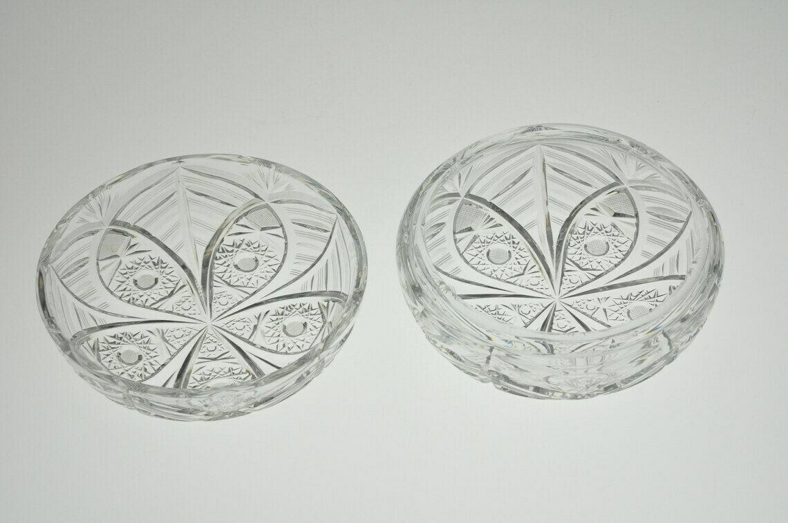 Collection Of 7 Cut To Clear Glass Items  Cut Glass  Cut Glass Vase  Cut Glass Ashtray  Cut Glass Bowl  Czech Cut To Clear Glass photo for sale