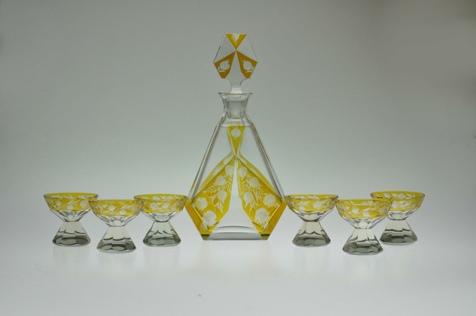 Czech Decanter, Karl Palda, Amber Cut To Clear, Art Deco Decanter Set, Decanter Set, Bohemian Glass Decanter Set, Crystal Decanter