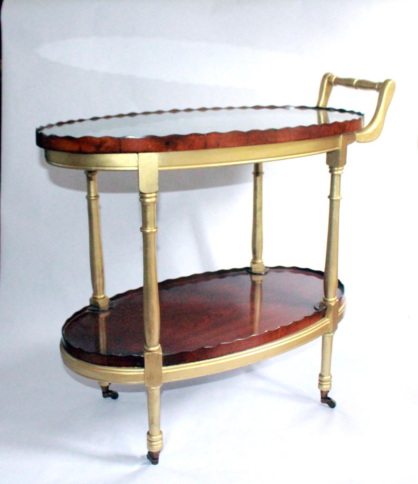 photo for sale Reproduction Oval Mahogany & Inlaid Reception Drinks Trolley On Castors.
