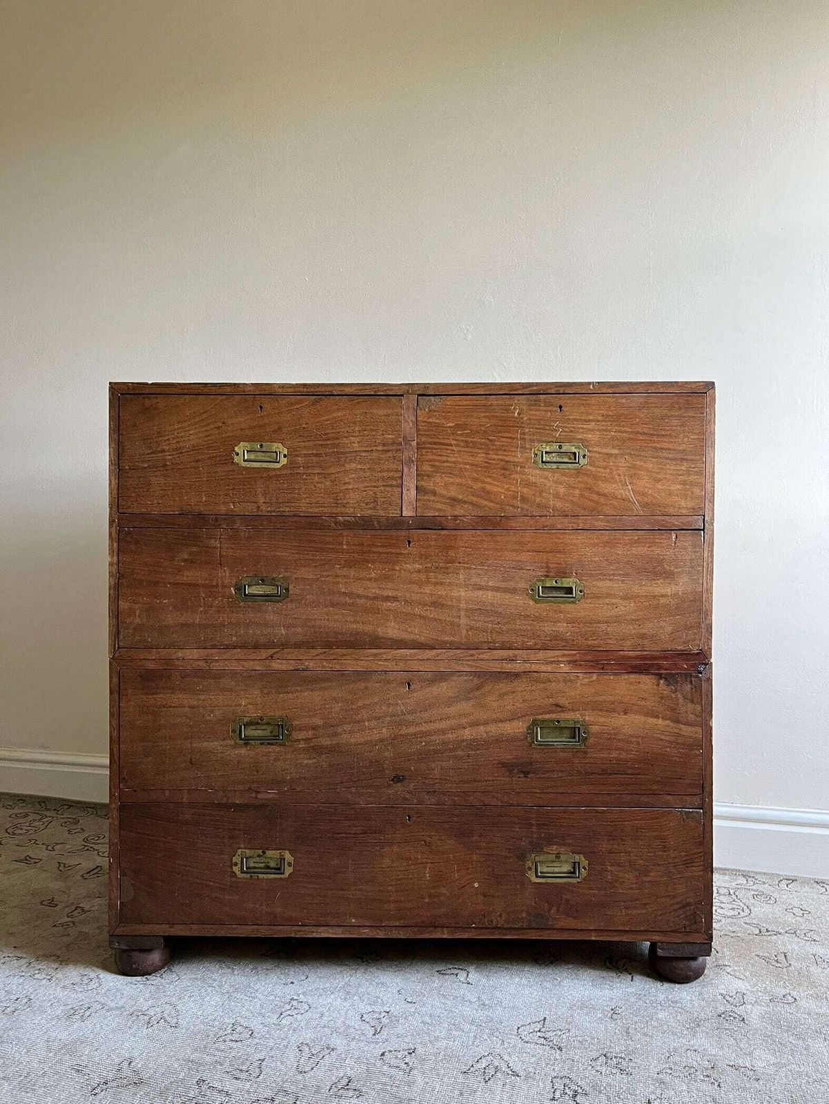 19th Century Military Campaign Chest Of Drawers In Solid Teak Wood With Brass Handles And Hardware Anglo Indian Antique Storage Armoire photo for sale