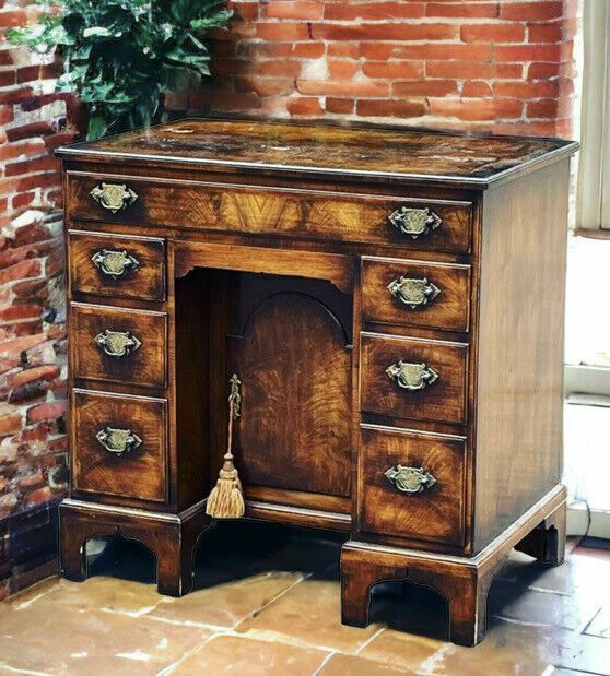 Burr Walnut Kneehole Desk, Bracket Feet With Brass Handles.