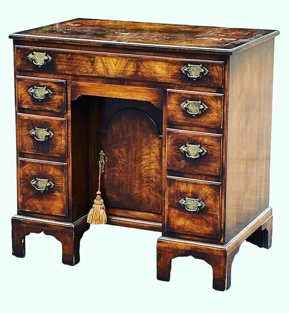 Burr Walnut Kneehole Desk, Bracket Feet With Brass Handles. photo furniture
