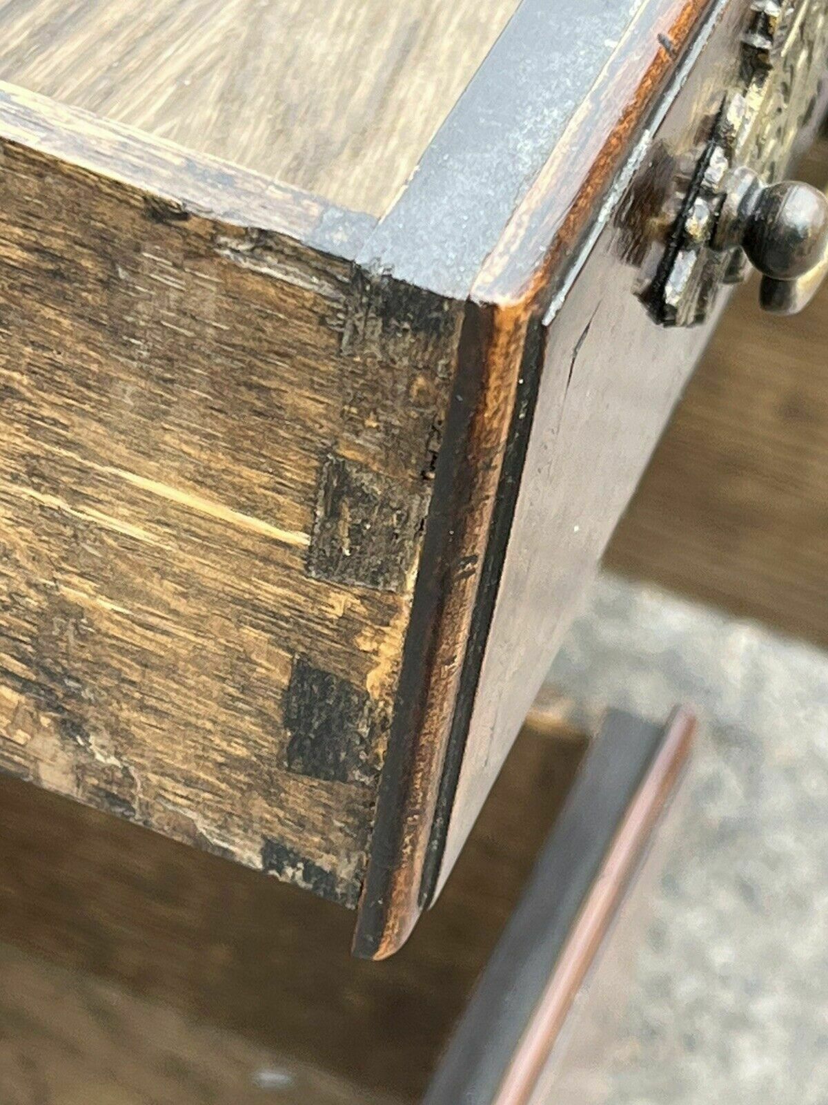 photo furniture Burr Walnut Kneehole Desk, Bracket Feet With Brass Handles.
