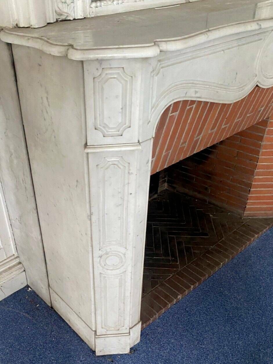 photo for sale Louis XV Style Fireplace Model Pompadour White Carrara Marble 20th Century