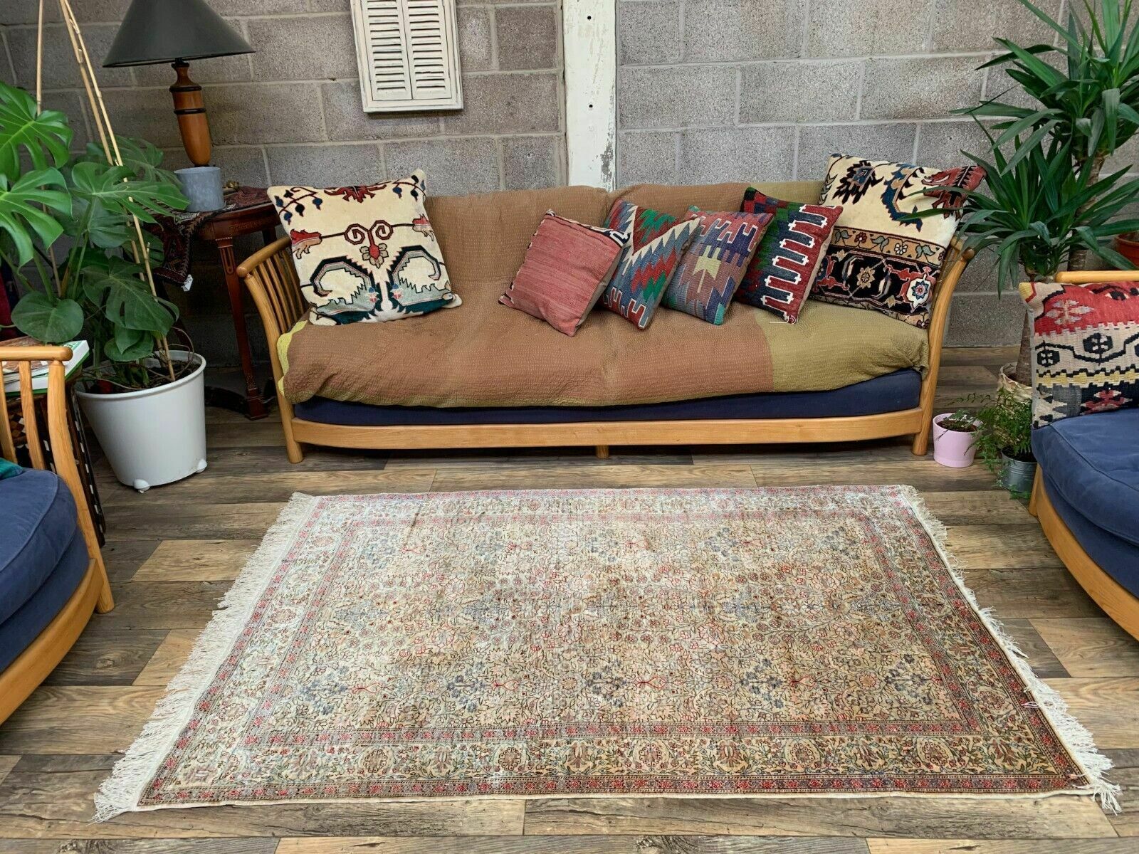 Vintage Turkish Silk Rug, 180x116 Cm, Kayseri, Pink Blue Green, Handmade