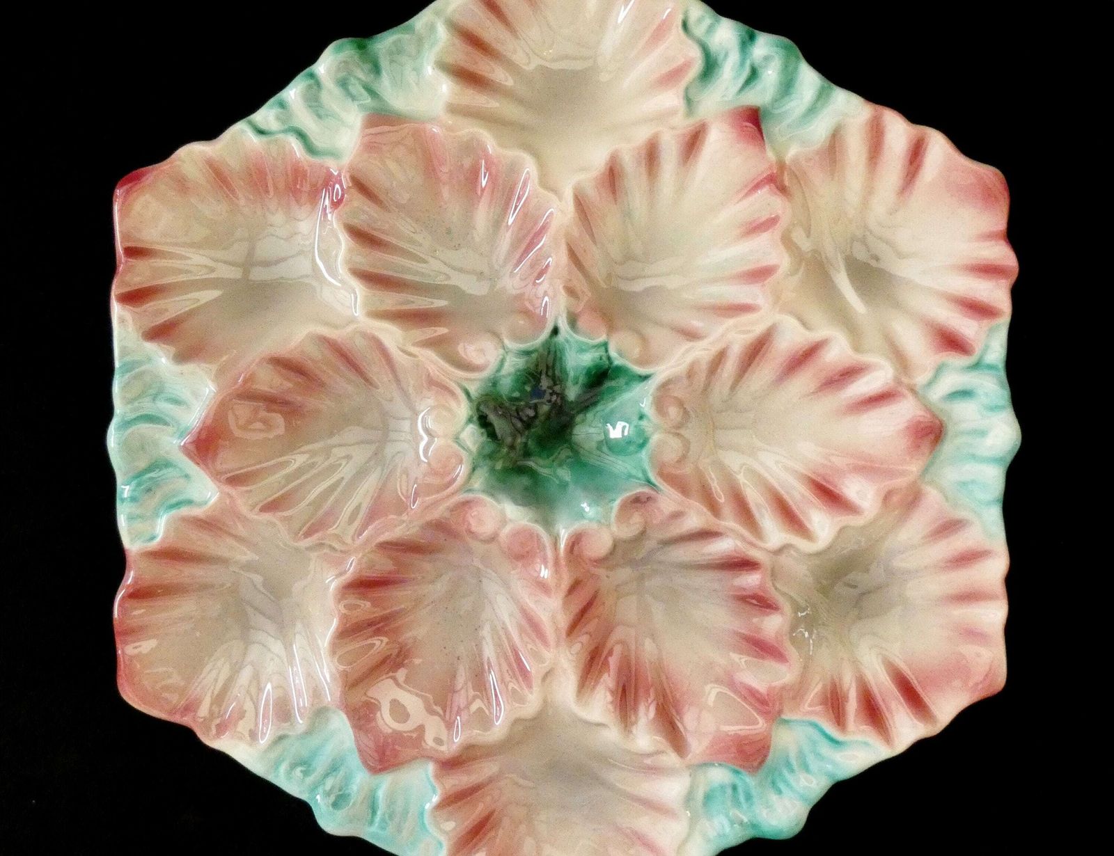 Rare Antique Orchies Oyster Platter French Turquoise Pink Majolica Ceramics Circa 1880s photo furniture
