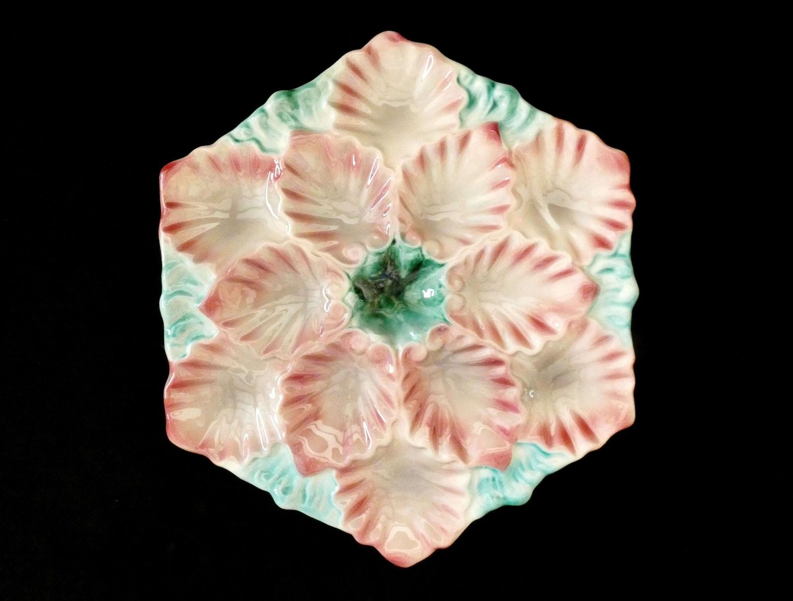 Rare Antique Orchies Oyster Platter French Turquoise Pink Majolica Ceramics Circa 1880s photo vinterior