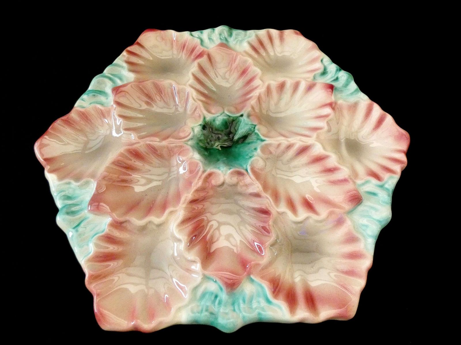Rare Antique Orchies Oyster Platter French Turquoise Pink Majolica Ceramics Circa 1880s photo vintage