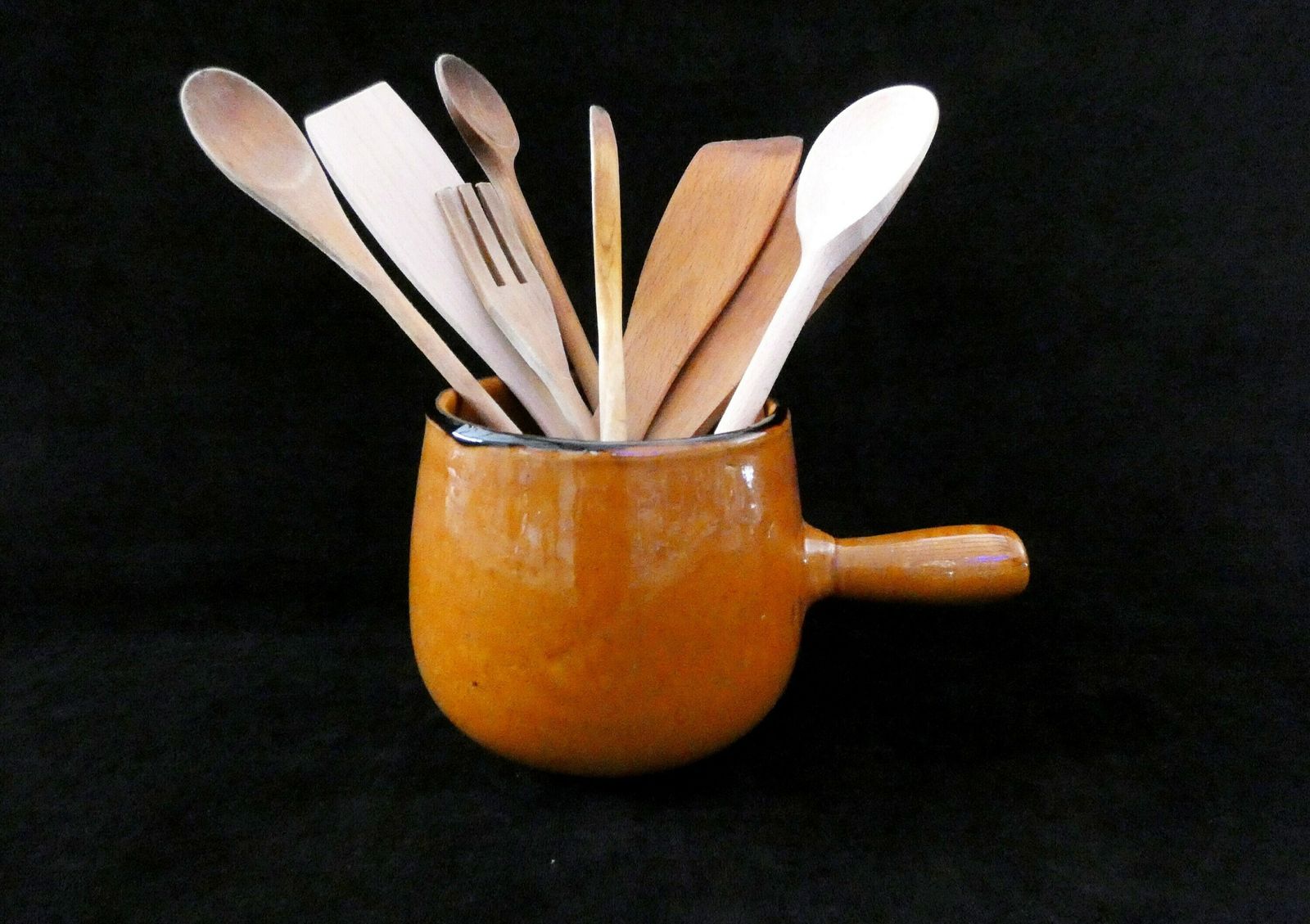 Vintage French Ceramic Pitcher Brown Majolica Bowl With Handle Mid Century Utensil Holder Earthenware Stoneware 50s