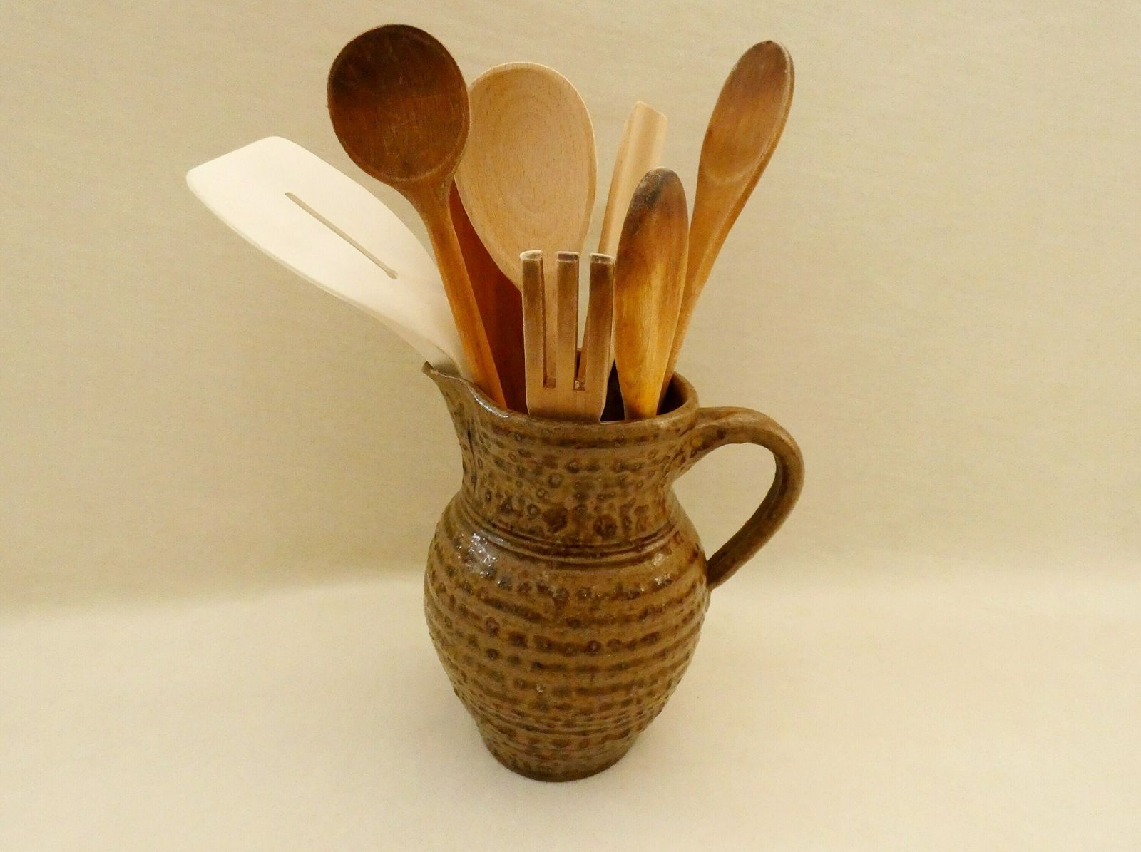 Vintage French Jug Brown Ceramic Pitcher Lava Effect Stoneware Mid Century Potery Traditional Country Utensil Holder 50s photo for sale