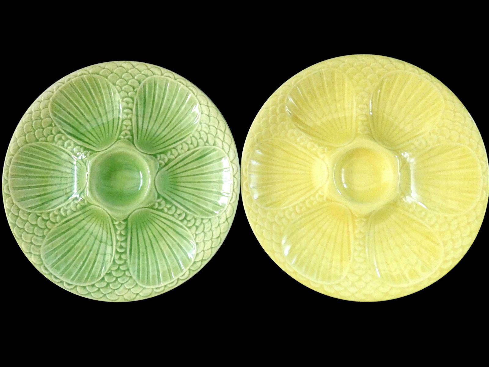 Antique Digoin Oyster Plates, Green And Yellow Majolica Oyster Platter, Faience Oyster Plates France 30s photo 188.0