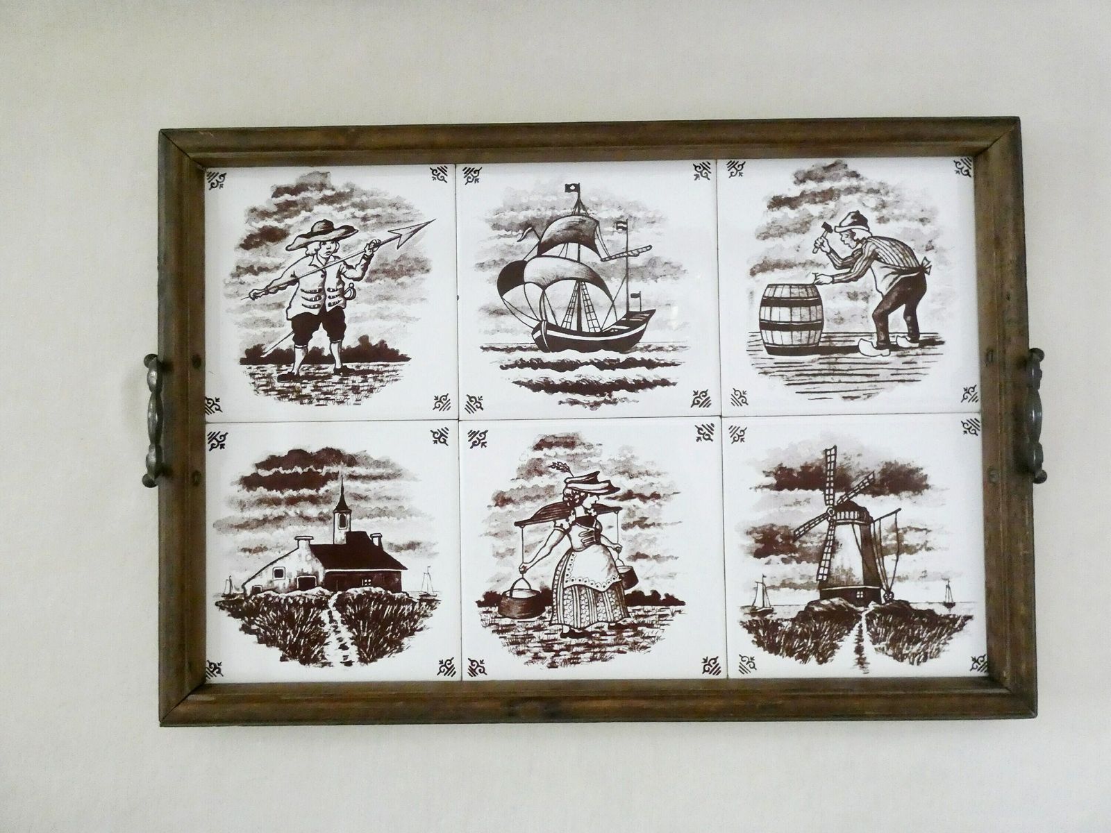 Large Vintage French Serving Tray Metal Handles Traditional Wood Tray With Ceramic Tile Old French Farmhouse Decor photo vintage