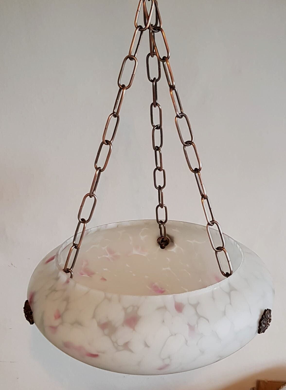 Art Deco Large Pink Glass Flycatcher Plafonniere Light Shade Hanging Pendant Light photo for sale
