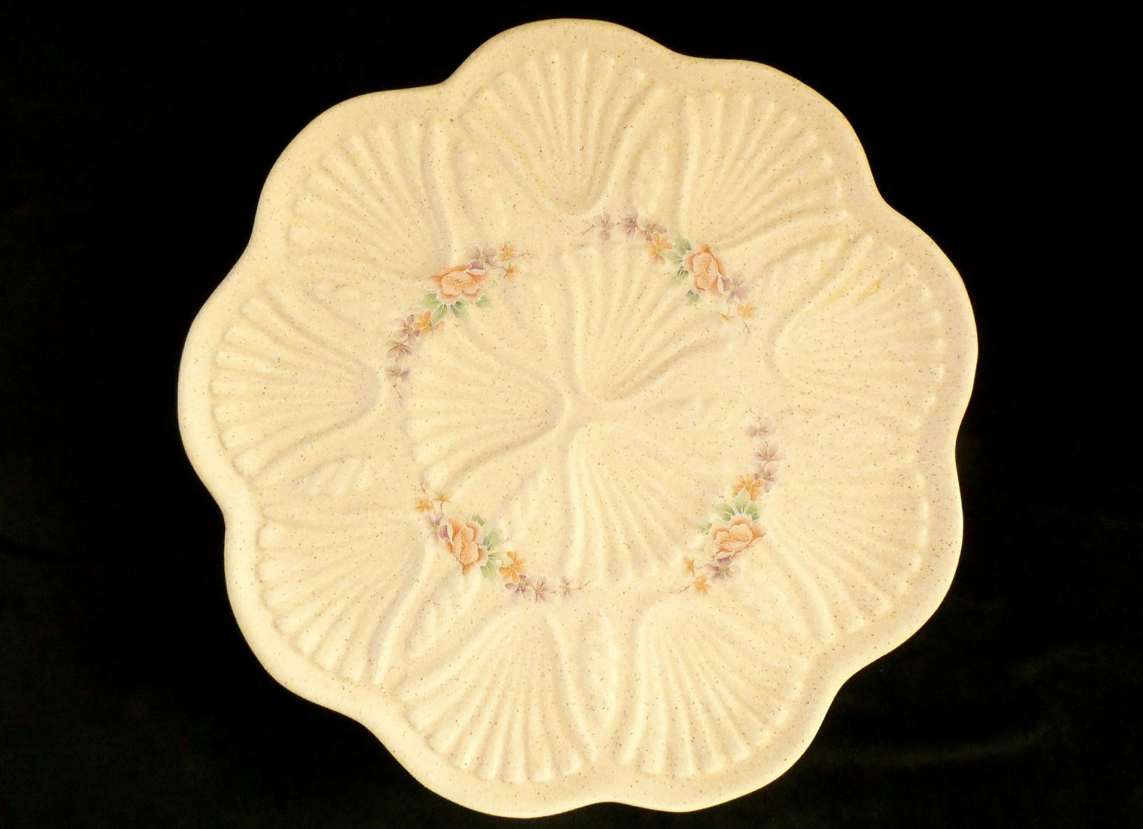 Large French Oyster Platter Vintage Beige Ceramic Flower Decor Relief Oyster Plate 60s