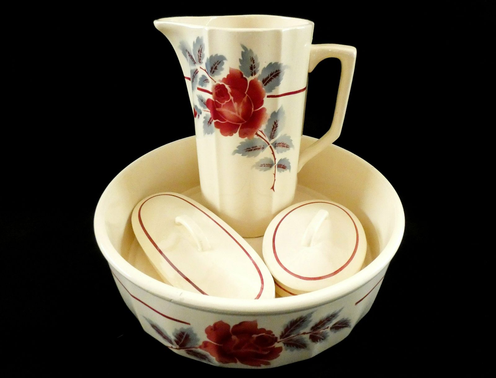 Antique Moulin Des Loups Hamage Ceramic Rеd Rose Floral Ornaments Washing/Bathroom Set Soap And Toothbrush Bowl France 20 30s photo furniture