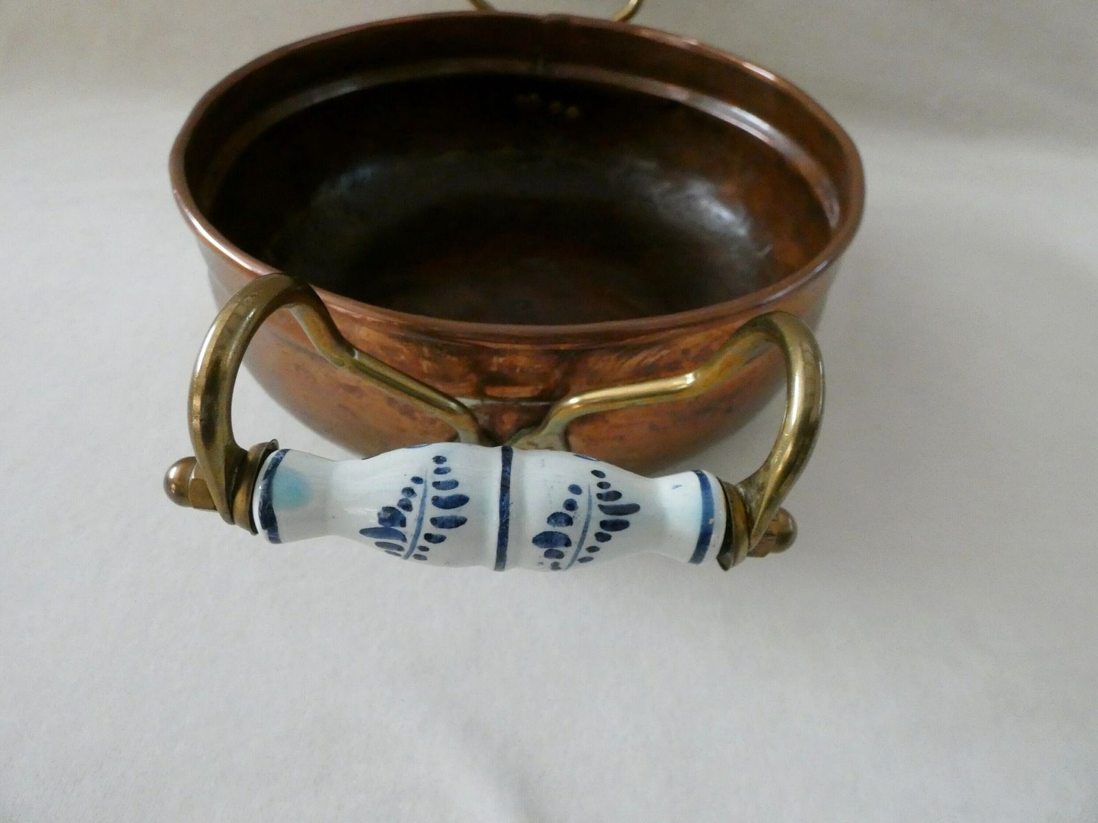 Vintage French Copper Planter Antique Jardiniere Delft Ceramic Handles photo for sale