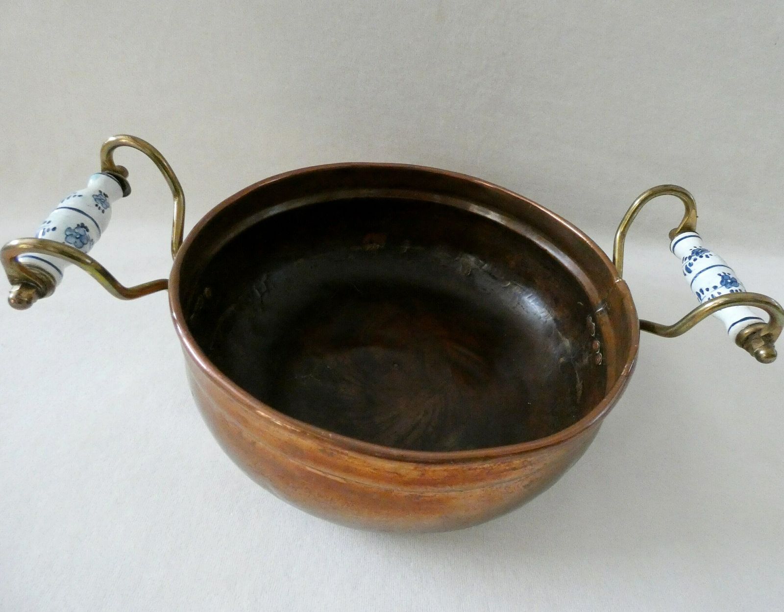 Vintage French Copper Planter Antique Jardiniere Delft Ceramic Handles photo vinterior