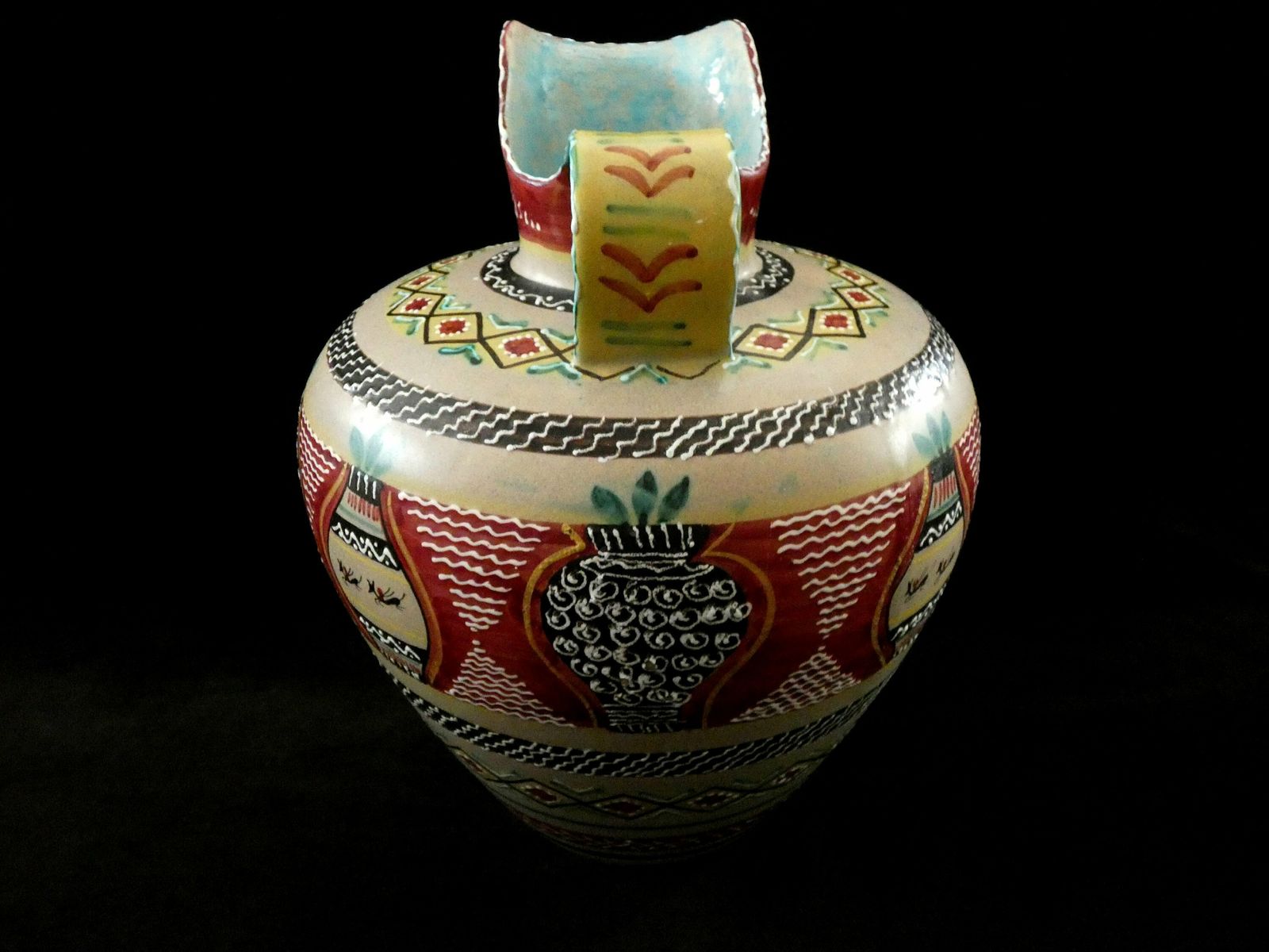 Large Vintage Deruta Ceramic Vase Hand Painted Italian Pottery Turquoise Burgundy Brown Black Art Ceramics photo vinterior