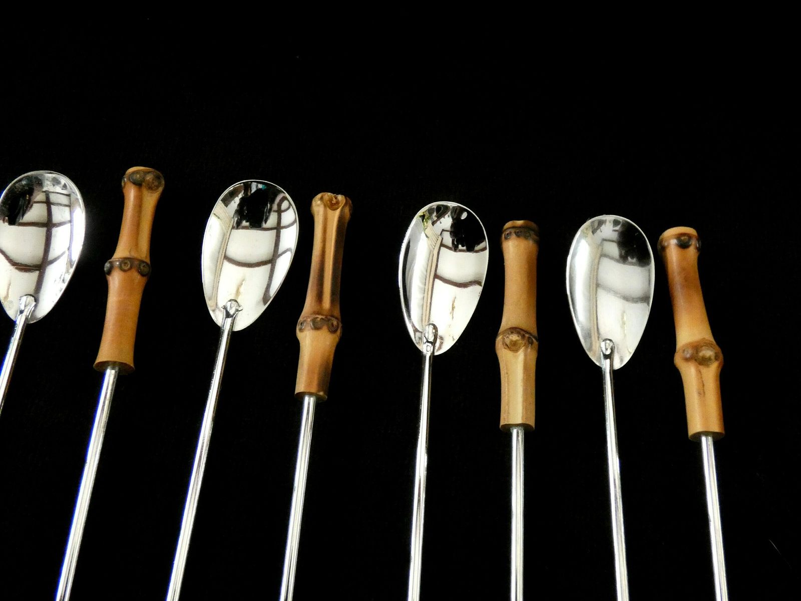 Franse Cocktaillepels Met Bamboesteel – Set Van 8 | Lange Steel | Mid Century Barware photo vinterior